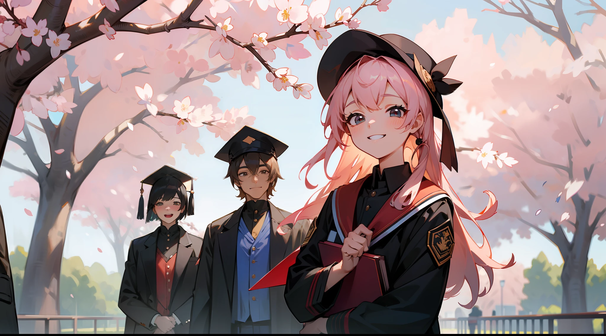Masterpiece, best quality, super detailed, extremely detailed CG unity 8k wallpaper, group of young people, graduation, bachelor uniform, bachelor hat, happy smile, graduation, campus, university, cherry blossoms