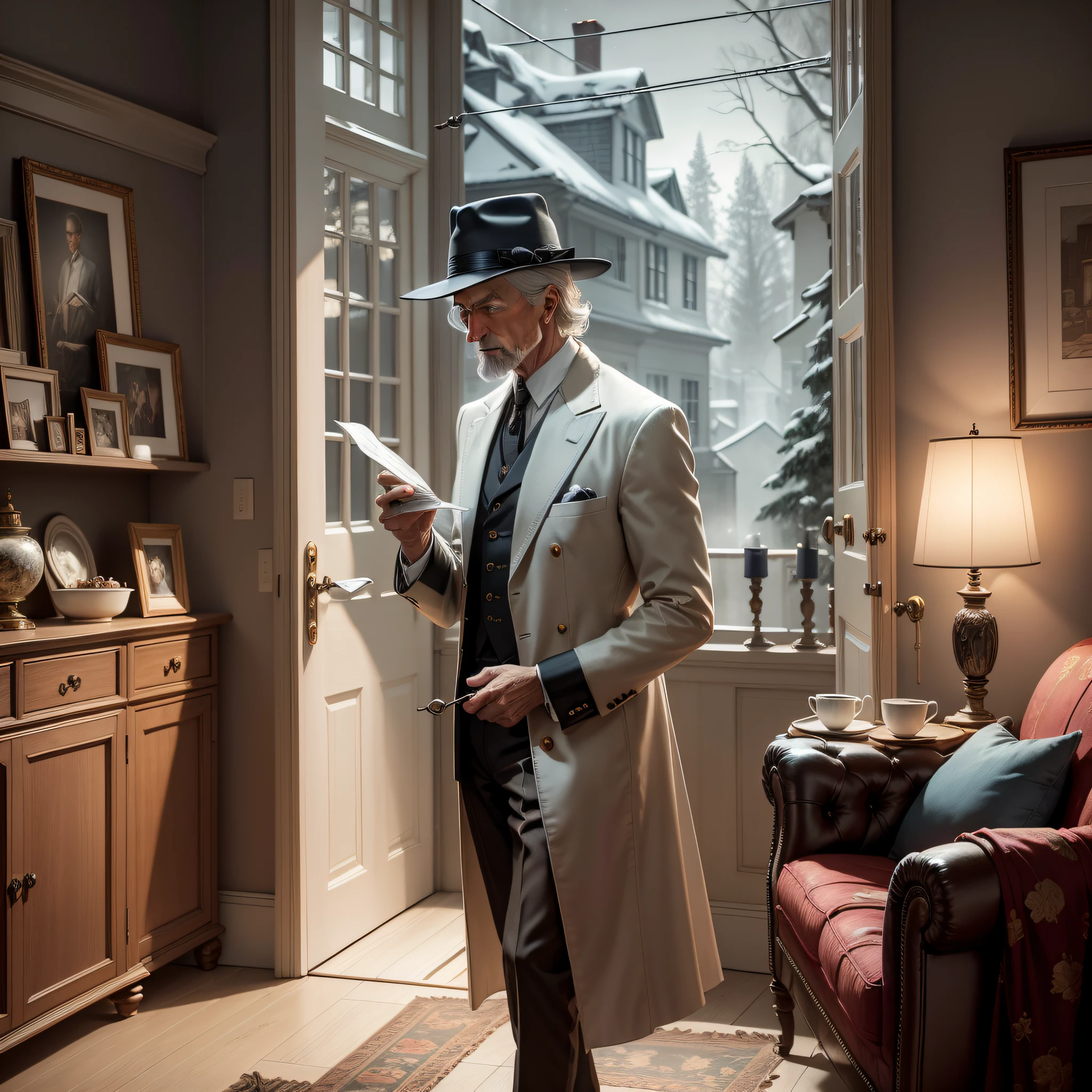 Ultra realistic image, high definition. 16k, thin and tall gentleman, wears hat and cane, has a pale and icy expression. He wears a strange mayor's outfit, is looking out the window of his living room that is decorated with antique and vintage furniture. he's counting money in his living room. outside is the cold, foggy night