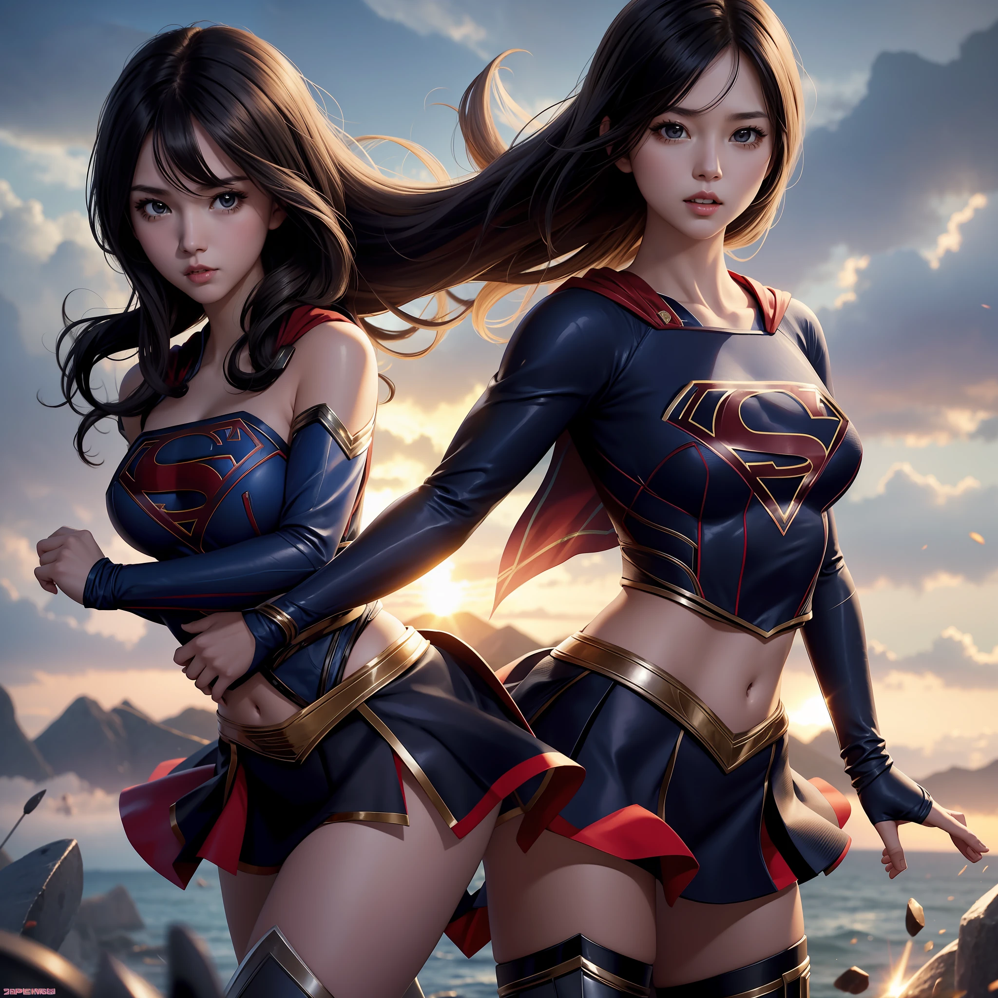 Supergirl, Mini skirt, y, black hair long straight, sexJapan person, supergirl suit with visible breasty button out