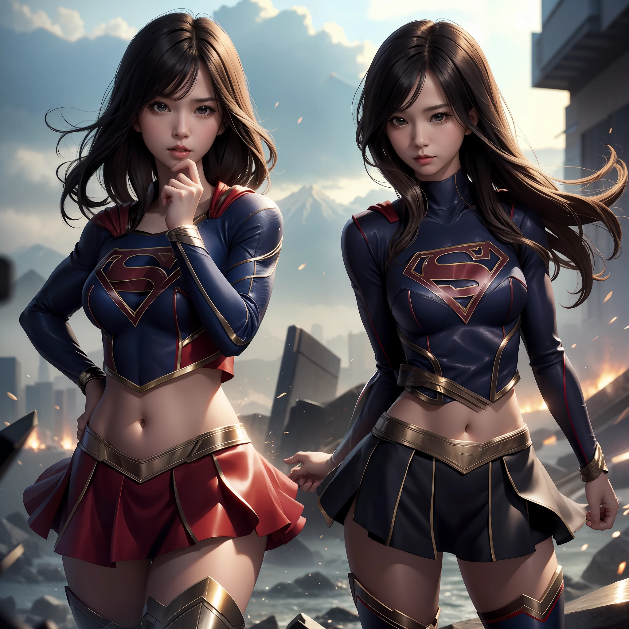 Supergirl, Mini skirt, sexy, black hair long straight, sexy, Japan person, supergirl suit with visible breasts, belly button out