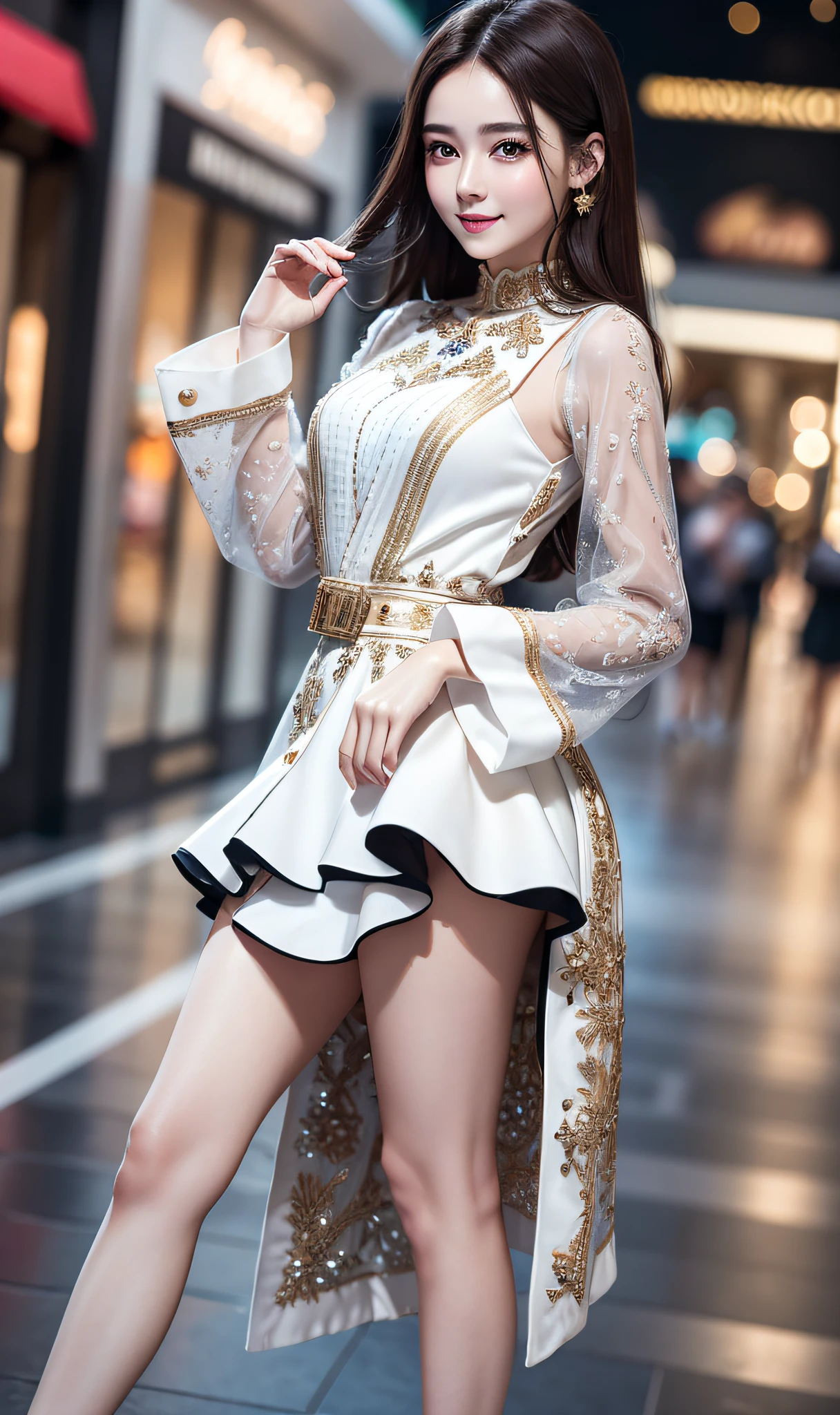 ((Best Quality, 8K, Masterpiece: 1.3)), 1 Girl,Delicate Eyes , Smile, Full Body, Slim Face, Beautiful Woman, (Dark Brown Hair), White Dress :1.1, Ultra Detailed Face, Double Eyelids, Blurred Background, Slim Face, City, Outside, Mall,