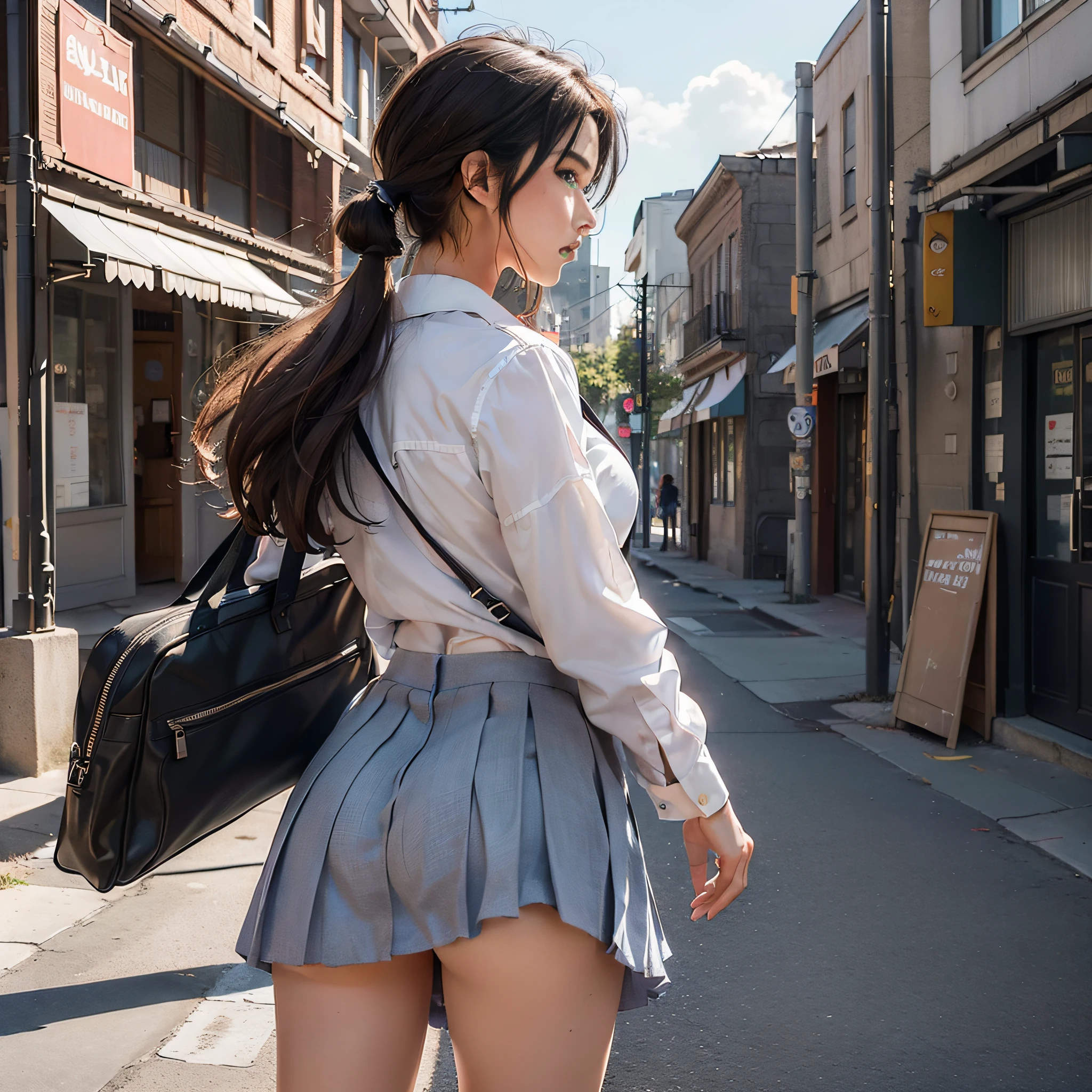 (back view:1.4),nsfw,(downtown, street:1.3),cowboy shot, 1girl, (school uniform:1.3),best quality , Masterpiece, Ultra precision, ultra high resolution, Photorealistic, detailed background, diffused natural Glowing skin, highly detailed CG unity 8k, professional lighting, physics-based rendering, brilliant brown hair, large , (upskirtbottom view, front view, blush,