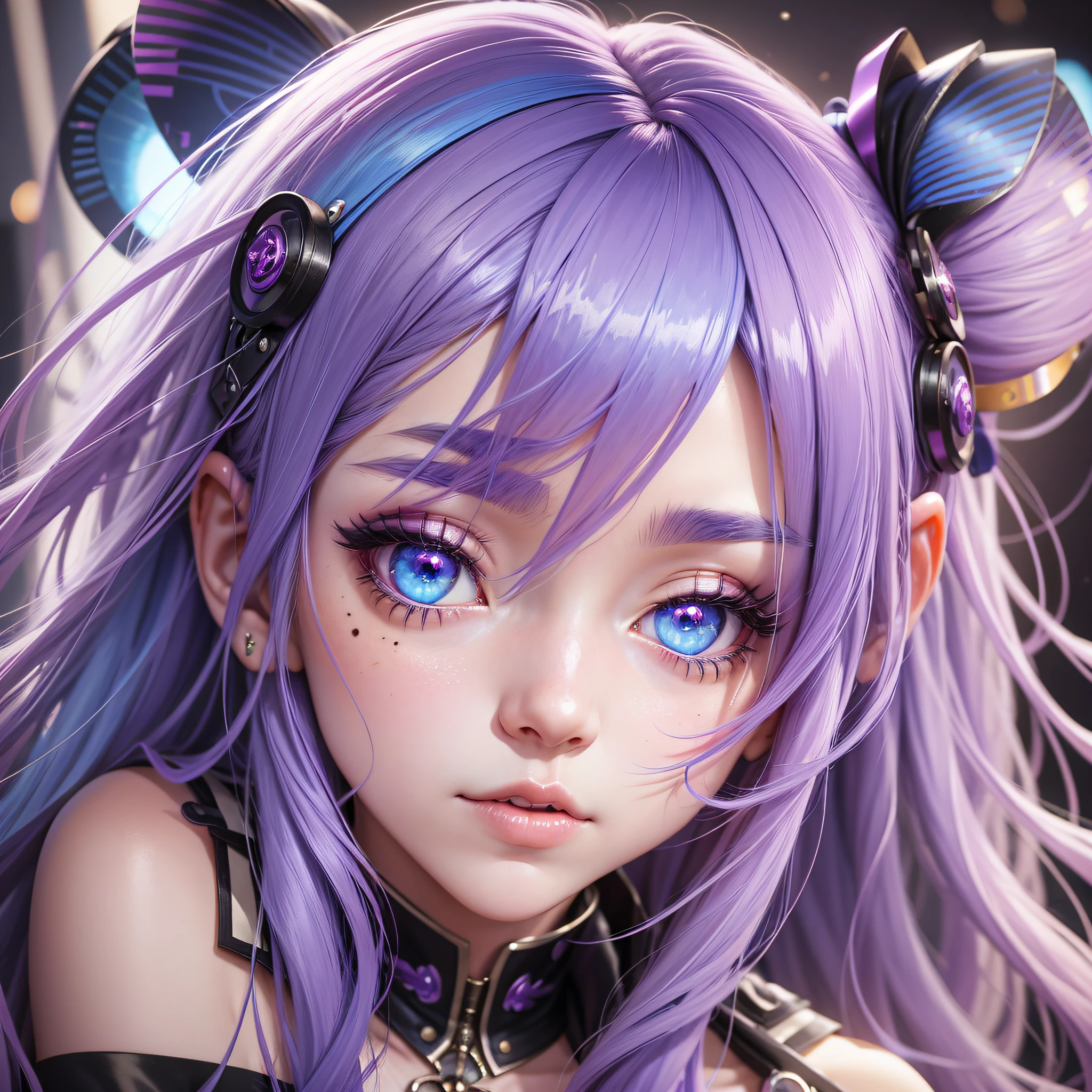 Long blue-pink hair with a hint of purple, starry eyes, it looks more beautiful than immortal, ahoge, hair, moles under the eyes, star-shaped pupils, one eye closed, amber eyes, colored contact lenses, blush, high detail, anime, romantic, modern, gothic art, anime style, cinematic lighting, ray tracing, sports lines, high detail, best image quality, 8K --auto --s2