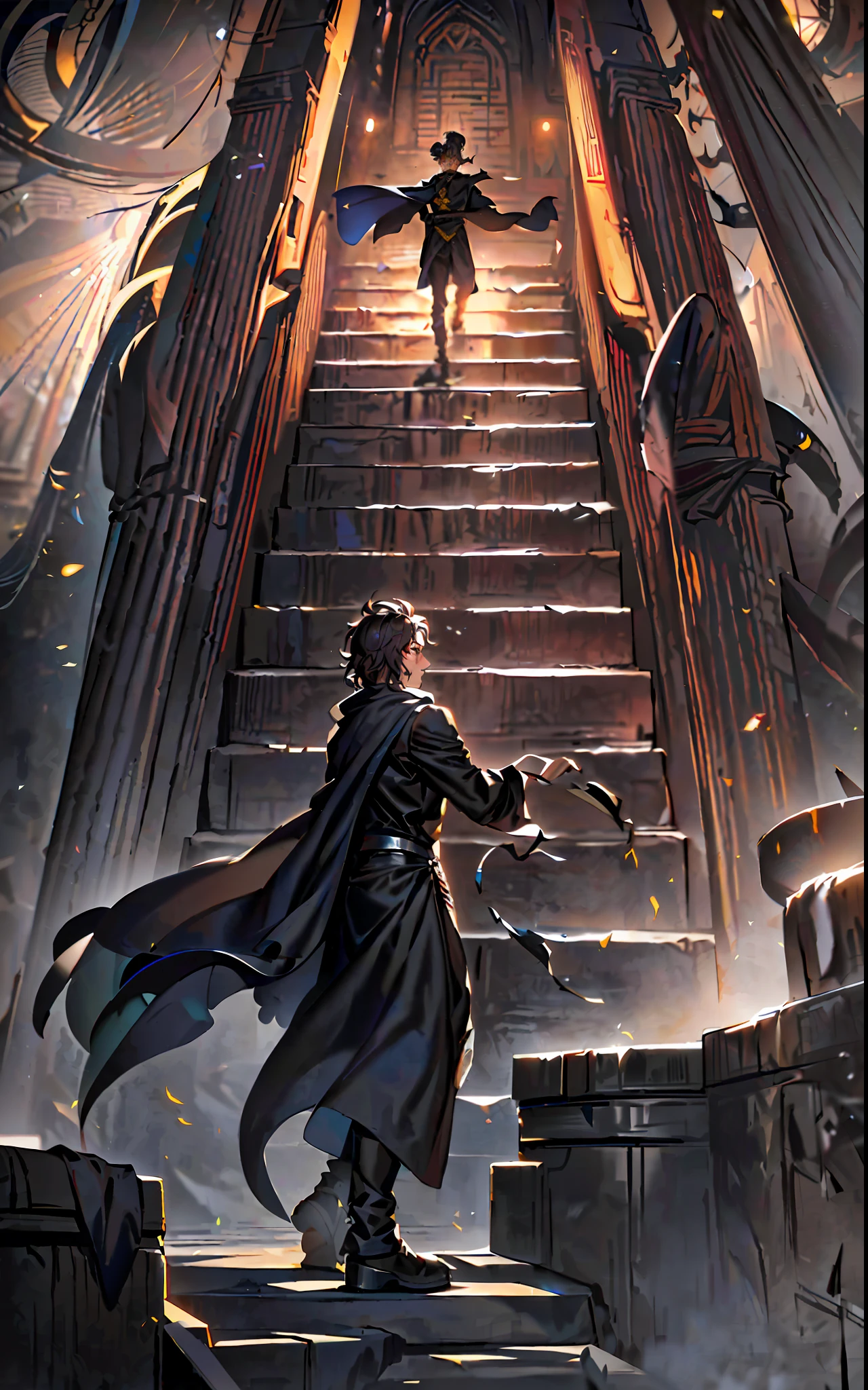 anime scene of a man walking up a flight of stairs with a giant statue in the background, art from harry potter, mistborn, by Yang J, magical concept art, dramatic concept art, tolkein art, silvain sarrailh, by Arthur Pan, hogwarts stairwell, an ominous fantasy illustration, by Ryan Yee, by Eugeniusz Zak