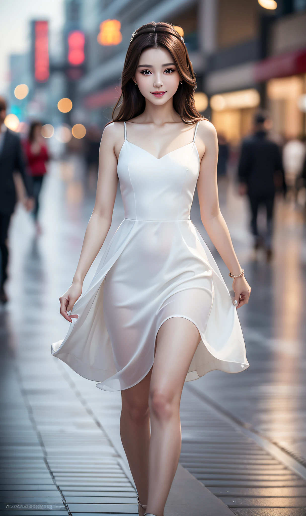 ((Best Quality, 8K, Masterpiece: 1.3)), 1 Girl,Delicate Eyes , Smile, Full Body, Slim Face, Beautiful Woman, (Dark Brown Hair), White Dress :1.1, Ultra Detailed Face, Double Eyelids, Blurred Background, Slim Face, City, Outside, Mall,