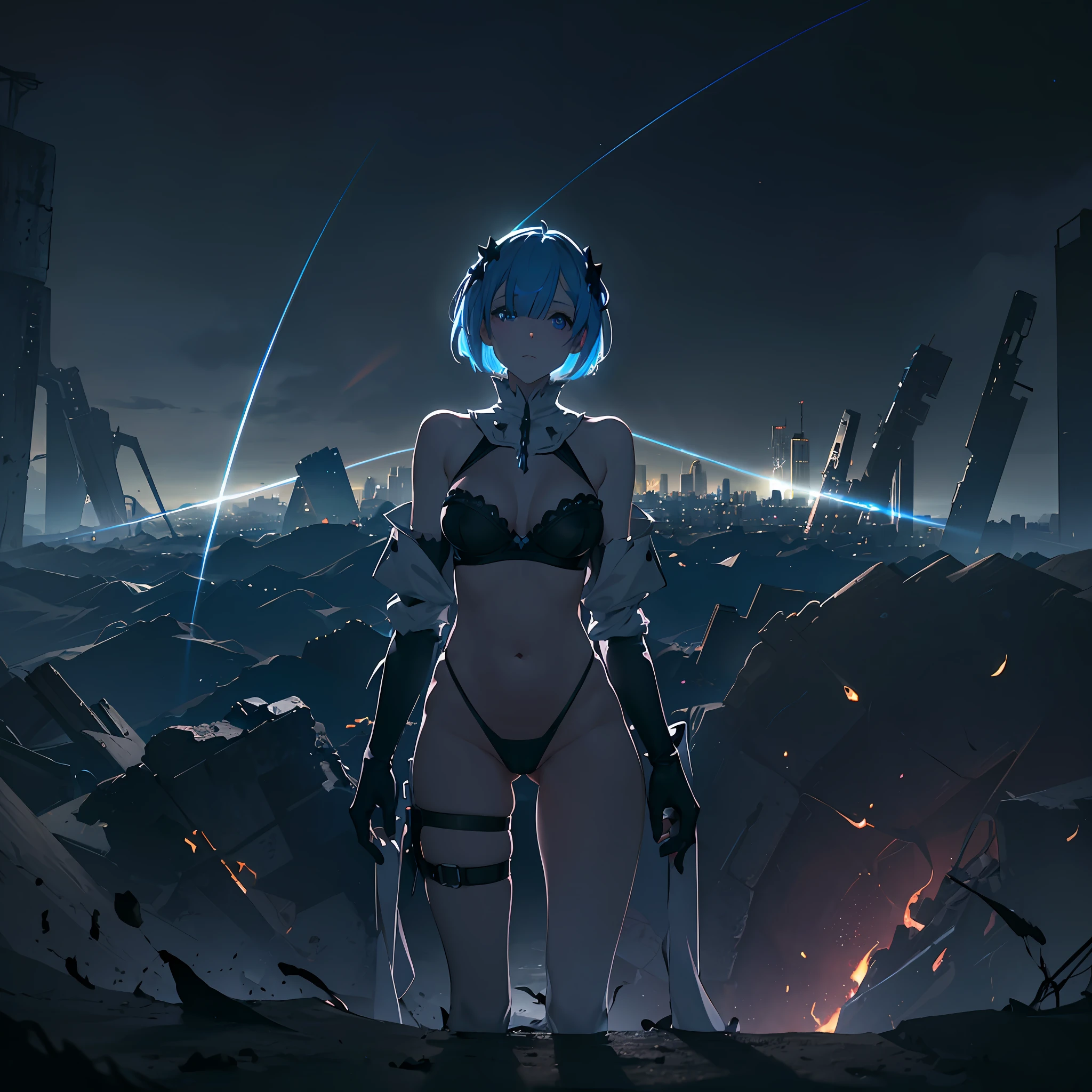 Dark abandoned city, glowing white neon lingerie, (Rem from Rezero), looking forward to a horizon, lens flare, flames, night, view from above, dark ambient, shadows, contrast, light focus at body, horizon, stocking, high reels
