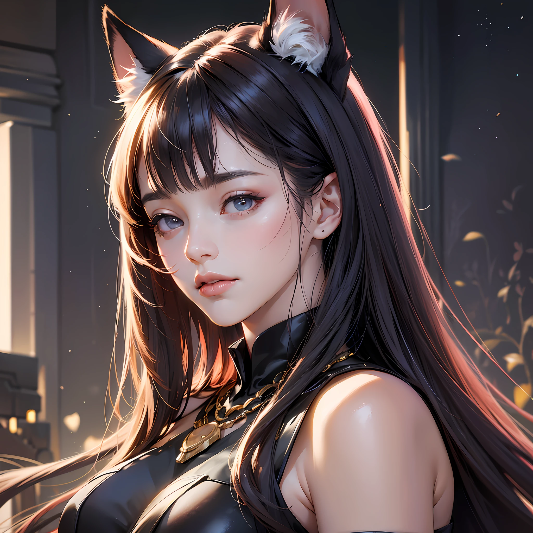 (absurd, high resolution, super detail), face close-up, face emphasis, face-oriented, single woman, long straight hair, shiny beautiful hair, beautiful skin, luscious skin, beautiful eyes, with bangs, long sleeves, eye highlights, unbroken hands, rich lighting, large breasts, pale pink lips, uniform 8K with high definition CG Wallpaper, Attention to Detail, Portrait, Gaze, Solo, Half Shot, Detailed Face, Soft Smile, Dynamic Pose, (Contemporary Japanese Subject: 1. 1), Fox Ears, Dominant, Black Dress, Black Gloves, Lace Dress, Contemporary Subject, (Thriving Civilization: 1.1), (Pure White: 1.1) Building,. Neon, Roppongi, Kabukicho, Japanese landscape, Fantastic, Romantic, Dance of light, Reluctance, Night, Darkness, Stars, Portrait, Film lighting, Gold necklace, Date scene, --auto --s2