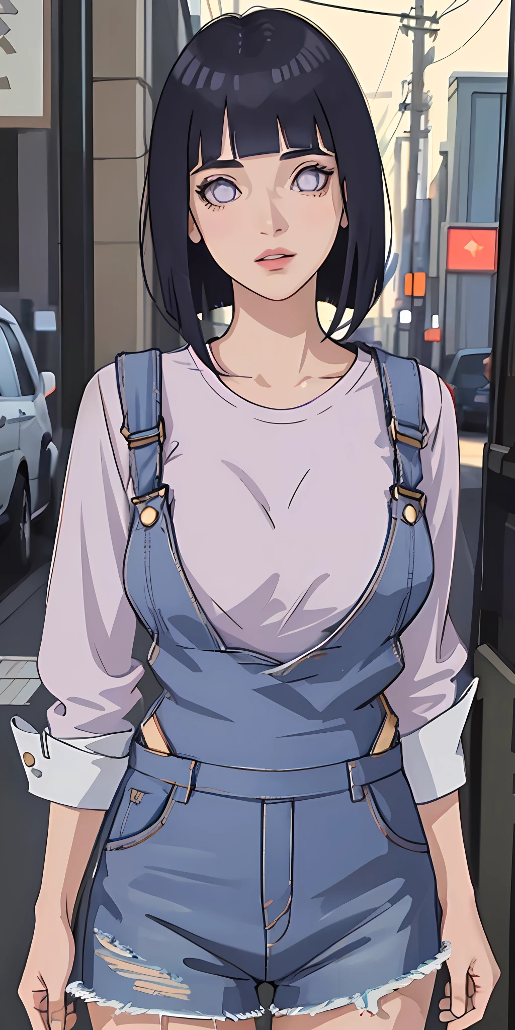 masterpiece, best quality, ultra-detailed, illustration,1girl, dark blue hair, hairbun, purple eyes, blunt bangs, 
shirt, (denim overalls:1.1),
medium breast,  
looking at viewer, hinata/(boruto/), detailed lips