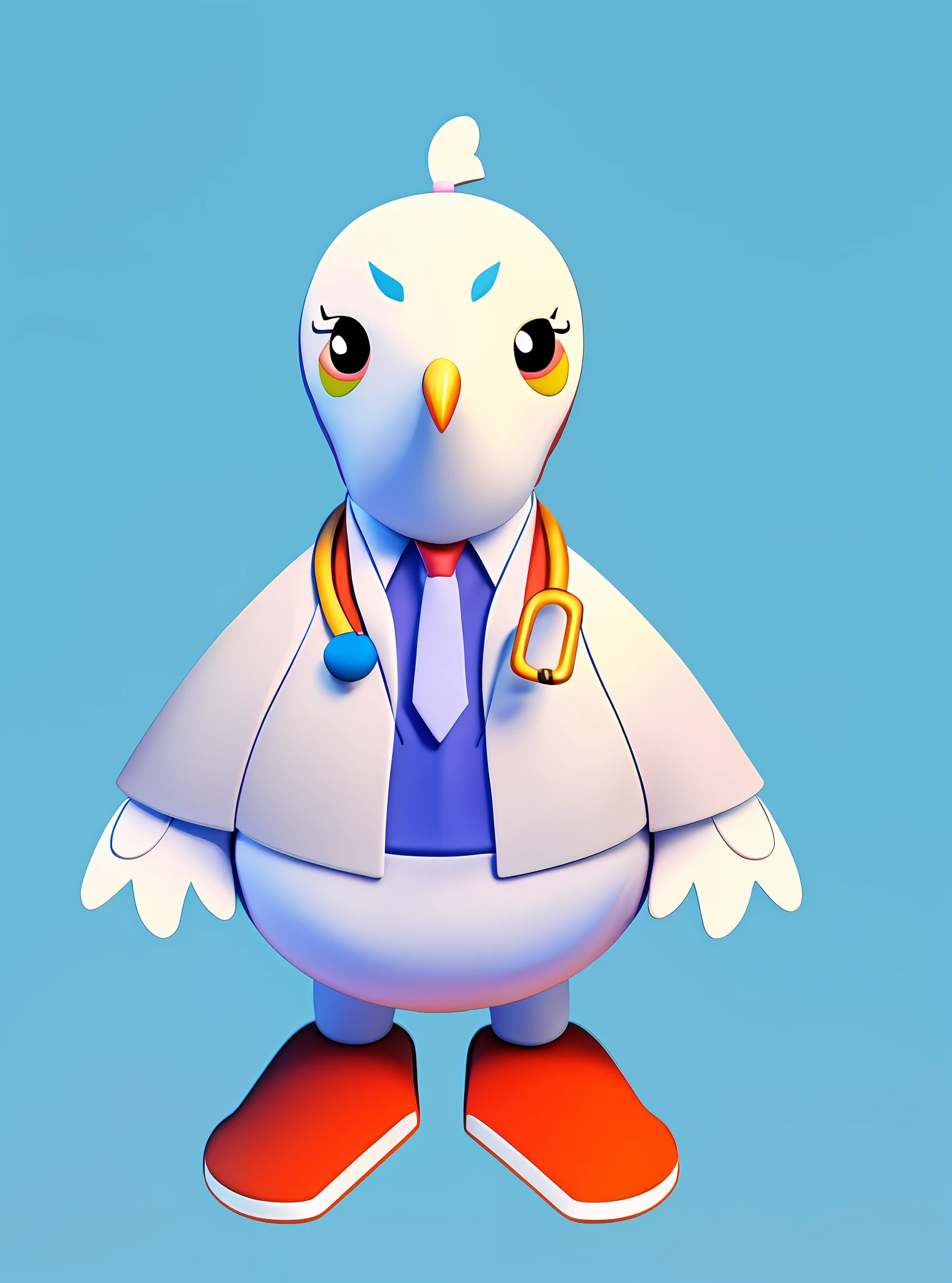 (Digital Painting) (Best Quality) C4D, 3d rendering, a doll bird wearing a tie and white jacket, wearing red shoes, bird wearing a bow tie, a stethoscope hanging from the neck of the bird, scientist is a bird, anthropomorphic bird, (doctor)