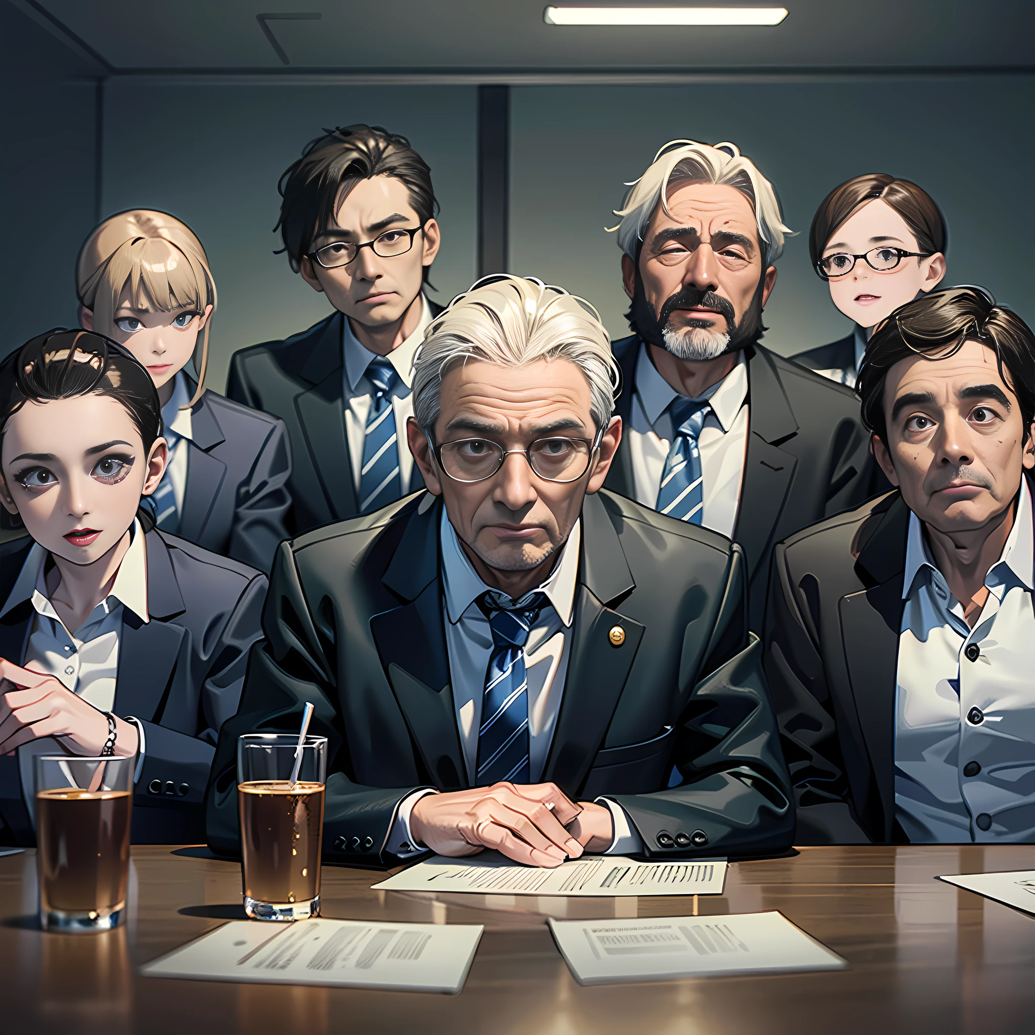 In the conference room, there are 6 middle-aged people sitting, middle-aged, frontal, serious expression, look down, super detailed, 4k, super detailed