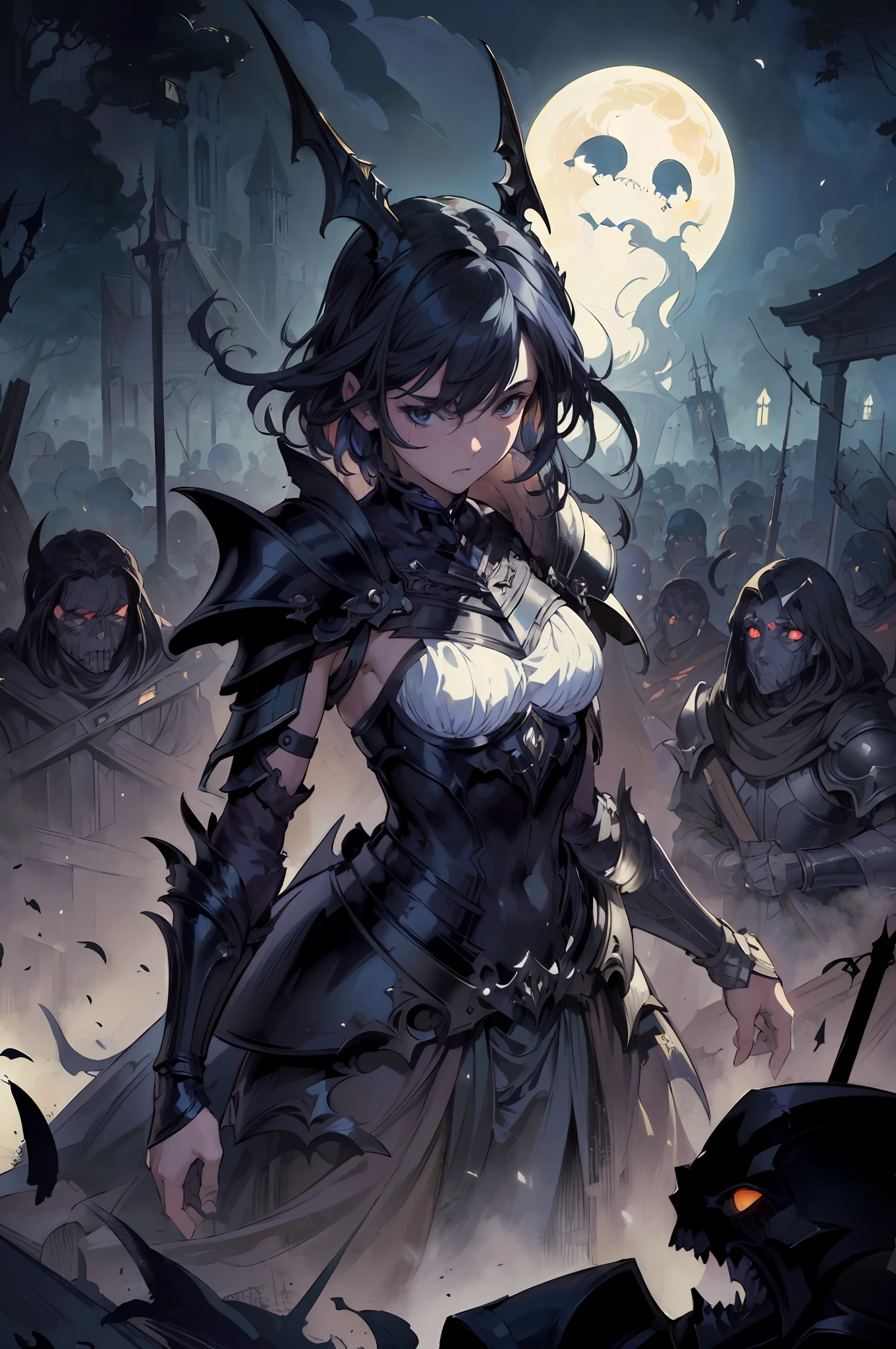 (masterpiece, best quality, ultra high res:1.2), highly detailed, fantasy illustration, (by the artist that rebecca guay:1.4), 1girl, black hair, (black armor), undead, ghosts, wraiths, night, battle field, dark theme, visually stunning, beautiful, award-winning art