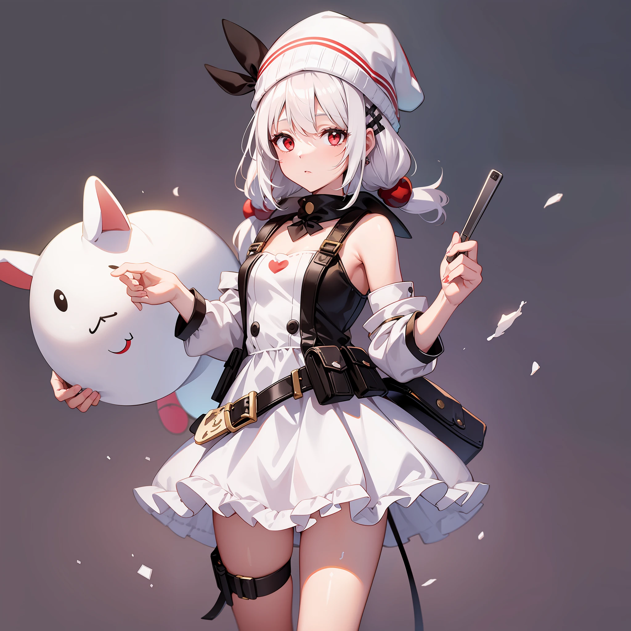 girl, white one eyepatch, short white hair in two pigtails, with bunny ear accessories, Wearing a short white dress with a Beanie, red eyes, Holding a stuffed bunny, full body, stand on the dessert
