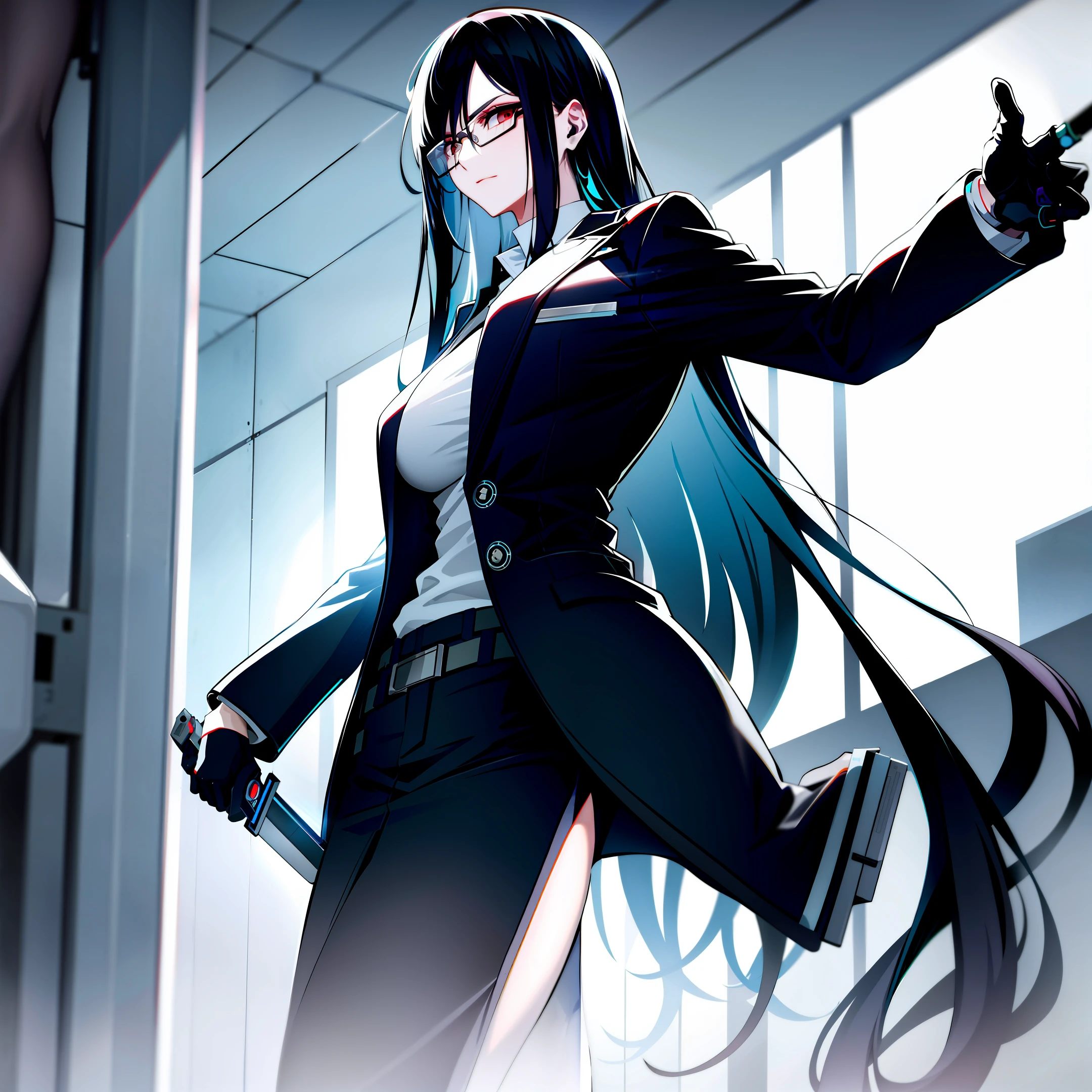Cyberpunk, long black hair, glasses, slim clothes, knife in hand, female, with slender fingers