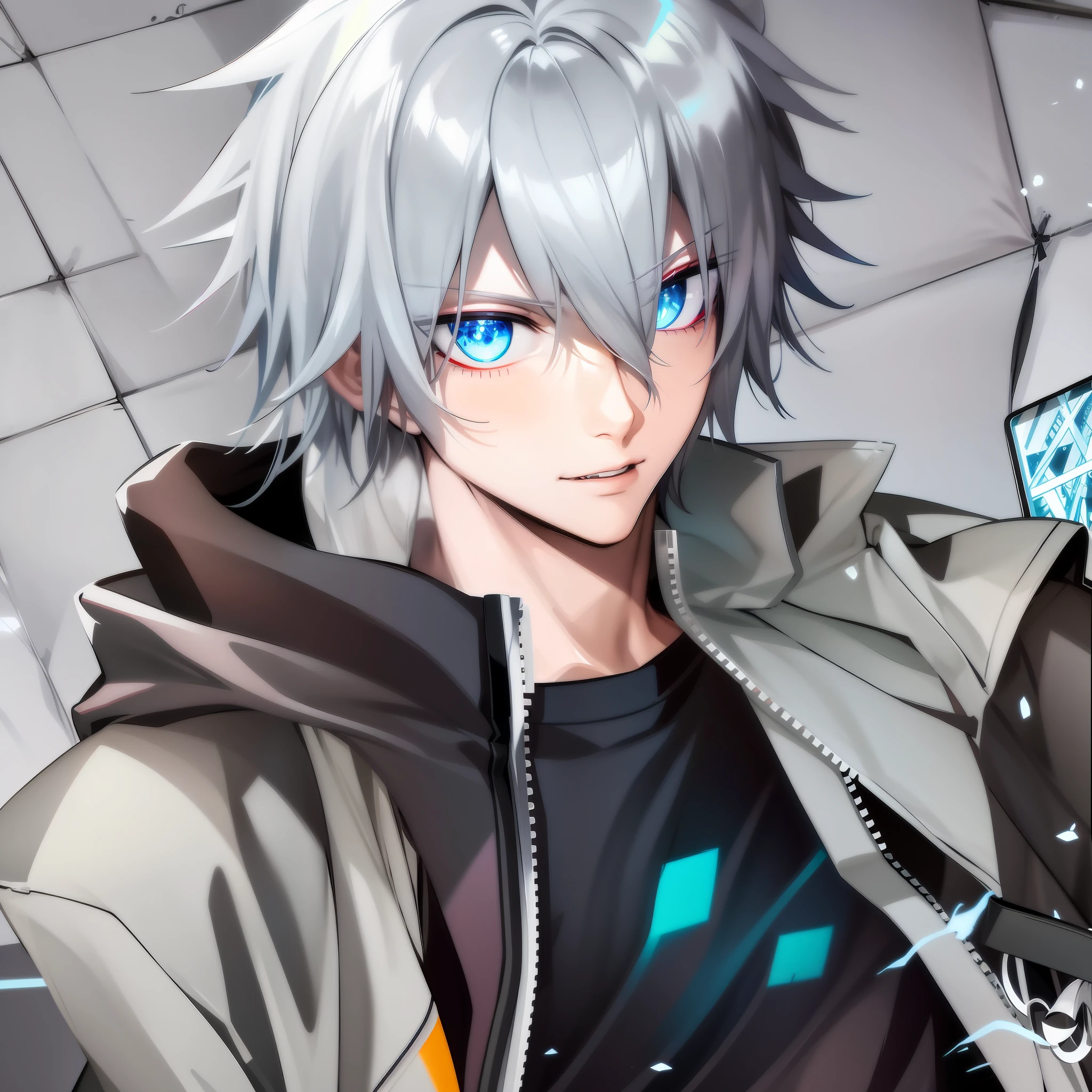 anime boy with blue eyes and a black shirt holding a cell phone, tall anime guy with blue eyes, hajime yatate, nagito komaeda, a silver haired mad, he has dark grey hairs, male anime character, silver haired, trigger anime artstyle, gray haired, anime boy, key anime art, advanced digital anime art ”, young anime man