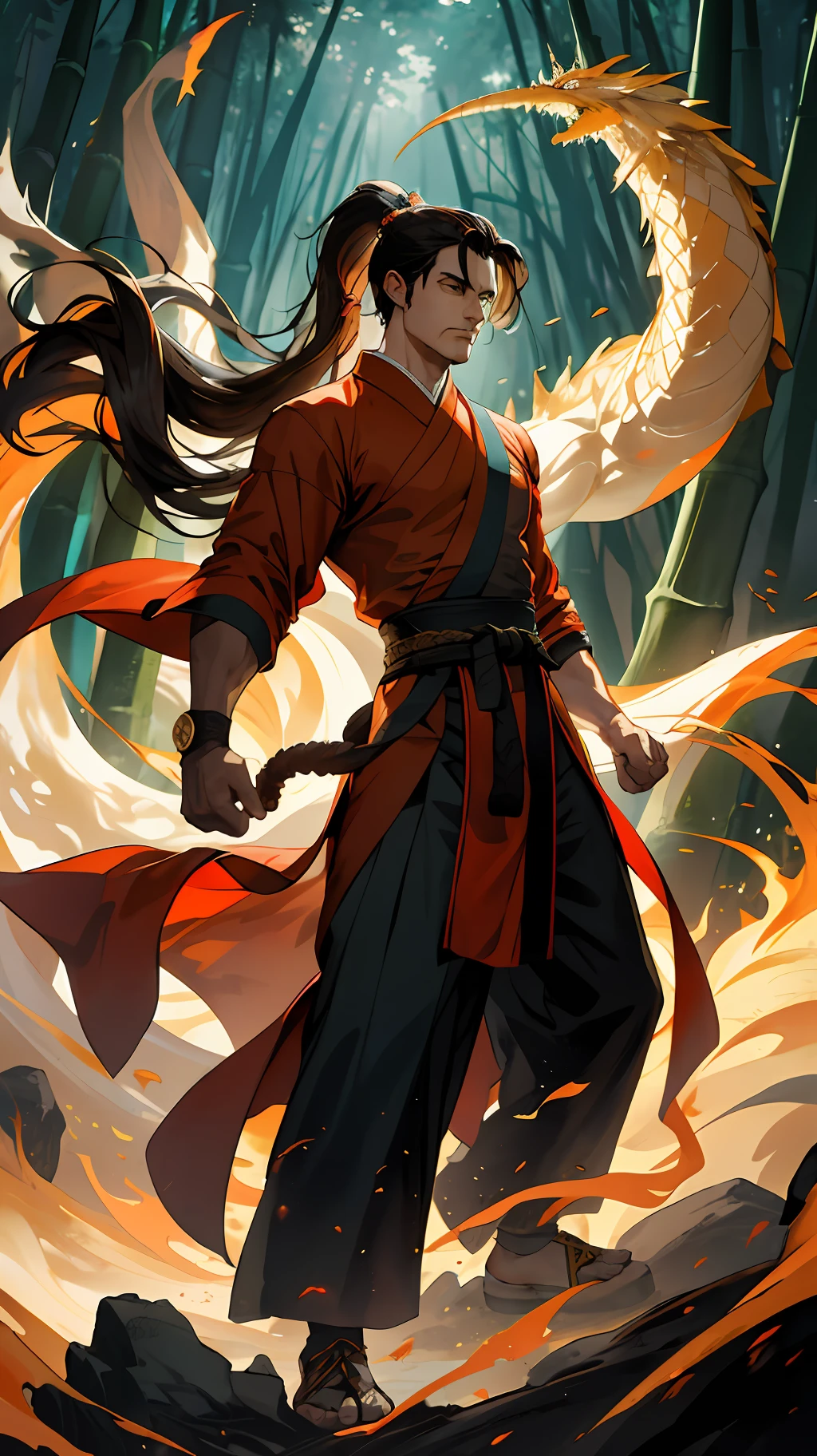 (absurd, intricate details, masterpiece, best quality, high resolution, 8k), 1 male, handsome, tall muscular man, broad shoulders, ponytail hair, dark brown eyes, fine eyes and detailed face, behind him there is a huge golden unicorn, (style swirl magic: 0.7), (full body: 0.6), (Chinese fantasy theme: 1.1), hair fluttering in the wind, martial artist, dynamic pose, battle stance, clenched fists, fingerless gloves, wristbands, dragon-themed costumes, monk robes, Bamboo forest in background, rotating floating particles, dynamic composition, mysterious oriental medieval atmosphere, depth of field, visual effects.