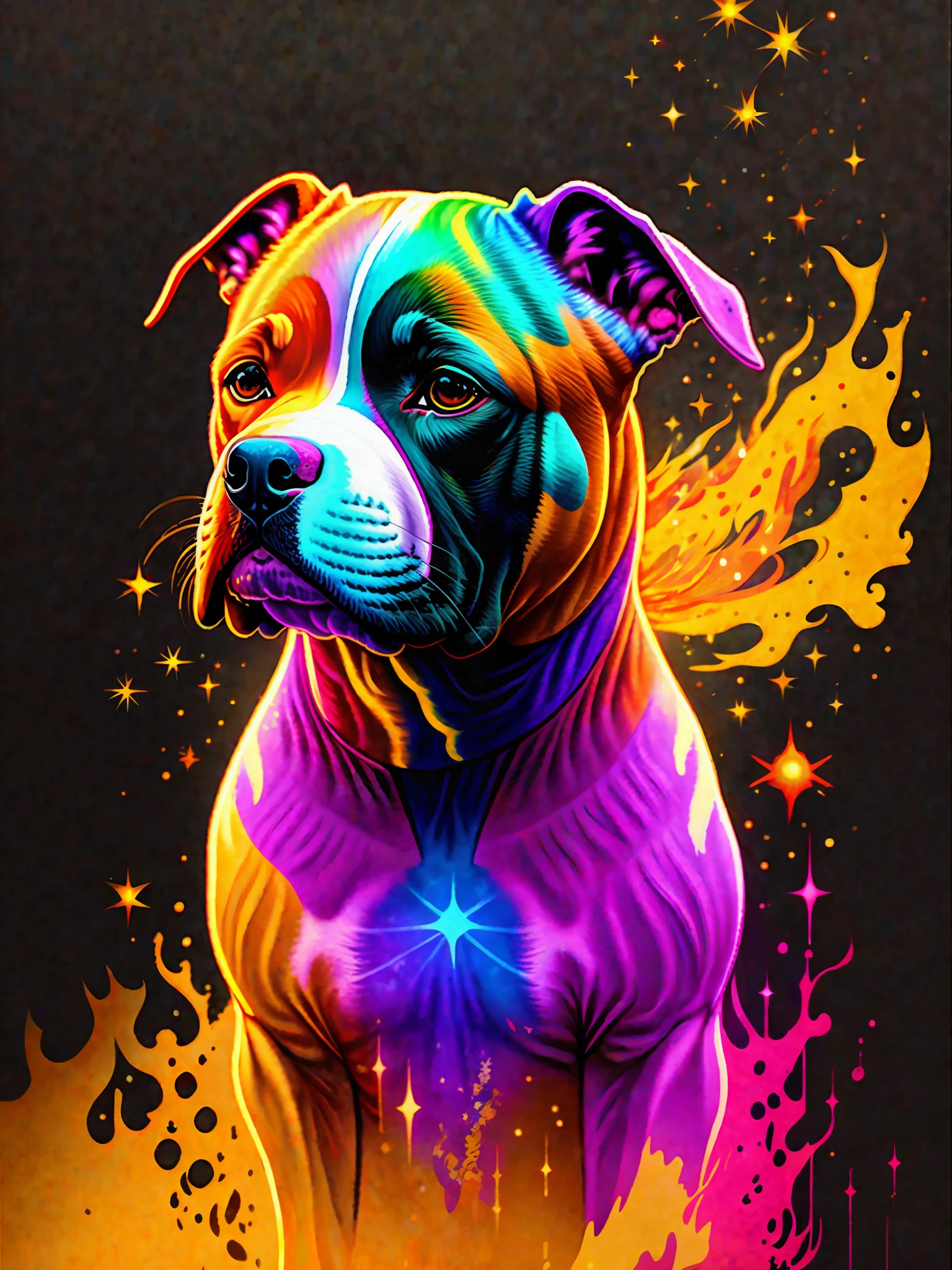 a painting of a colorful pitbull dog on a black background,, breathtaking rendering, within a radiant connection, inspired by Kinuko Y. Craft,, magical elements, icon of a pitbull dog, wow, is beautiful, casting a multi colorful spell, bright flash, flash with sunglasses and breaded hair on the head