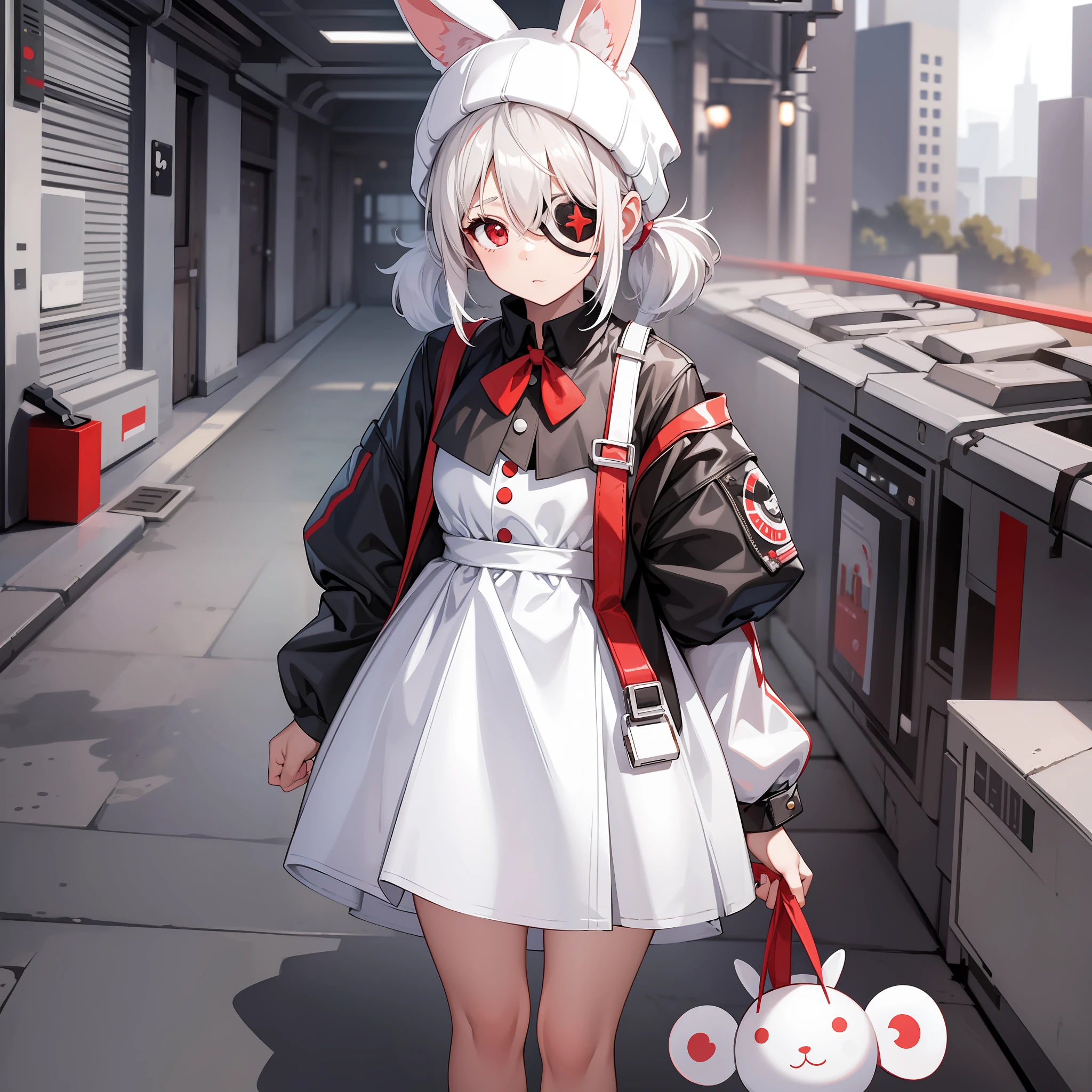 girl, wearing white one eyepatch, short white hair in two pigtails, with bunny ear accessories, Wearing a short white dress with a Beanie, red eyes, Holding a stuffed bunny, full body, zoom out