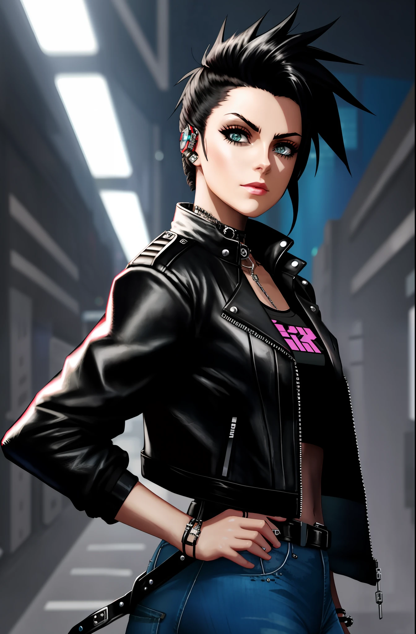 anime - style image of a woman in a leather jacket and jeans, jet black haired cyberpunk girl, cyberpunk anime girl, female cyberpunk anime girl, modern cyberpunk anime, digital cyberpunk anime art, urban girl fanart, diesel punk female, mirrors edge art style, anime cyberpunk art, digital cyberpunk - anime art, mechanic punk outfit, cyberpunk judy alvarez, anime styled 3d