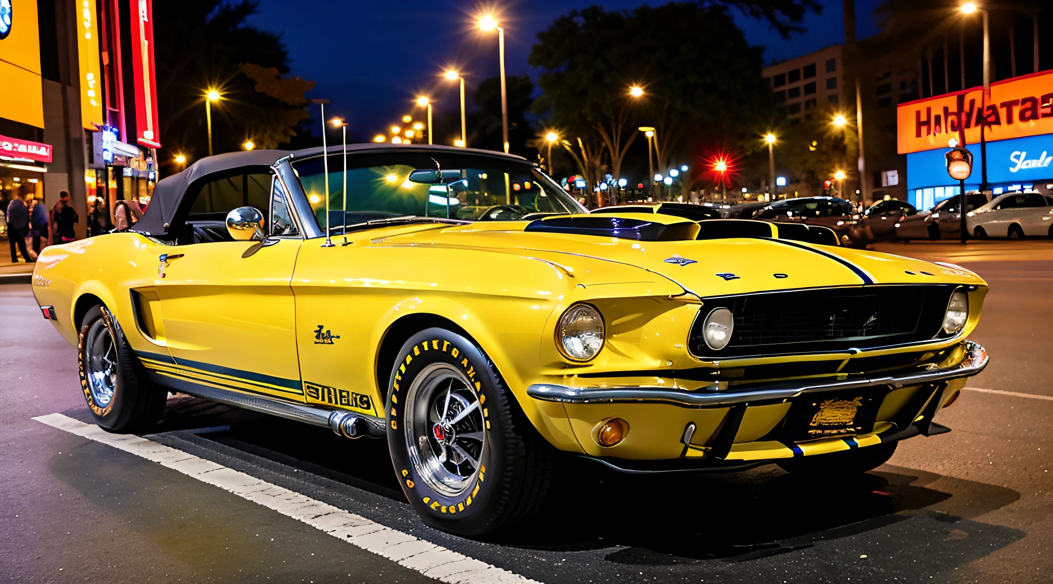 realistic, high detail, dramatic, 1967 shelby mustang, convertible, cobra, body color yellow with black racing stripes, 4k, highres, on the city streets, night