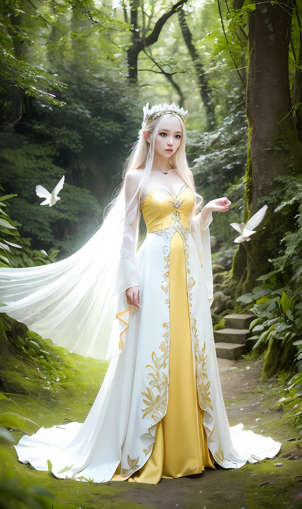 a woman in a yellow dress holding a white dove in a forest, ethereal fantasy, fantasy photoshoot, beautiful and elegant elf queen, ethereal fairytale, goddess of the forest, white hanfu, a beautiful fantasy empress, with long white hair, beautiful elven princess, a stunning young ethereal figure, xianxia fantasy, very beautiful elven top model, fantasy character photo