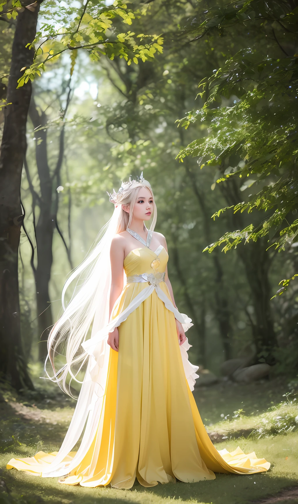 a woman in a yellow dress holding a white dove in a forest, ethereal fantasy, fantasy photoshoot, beautiful and elegant elf queen, ethereal fairytale, goddess of the forest, white hanfu, a beautiful fantasy empress, with long white hair, beautiful elven princess, a stunning young ethereal figure, xianxia fantasy, very beautiful elven top model, fantasy character photo