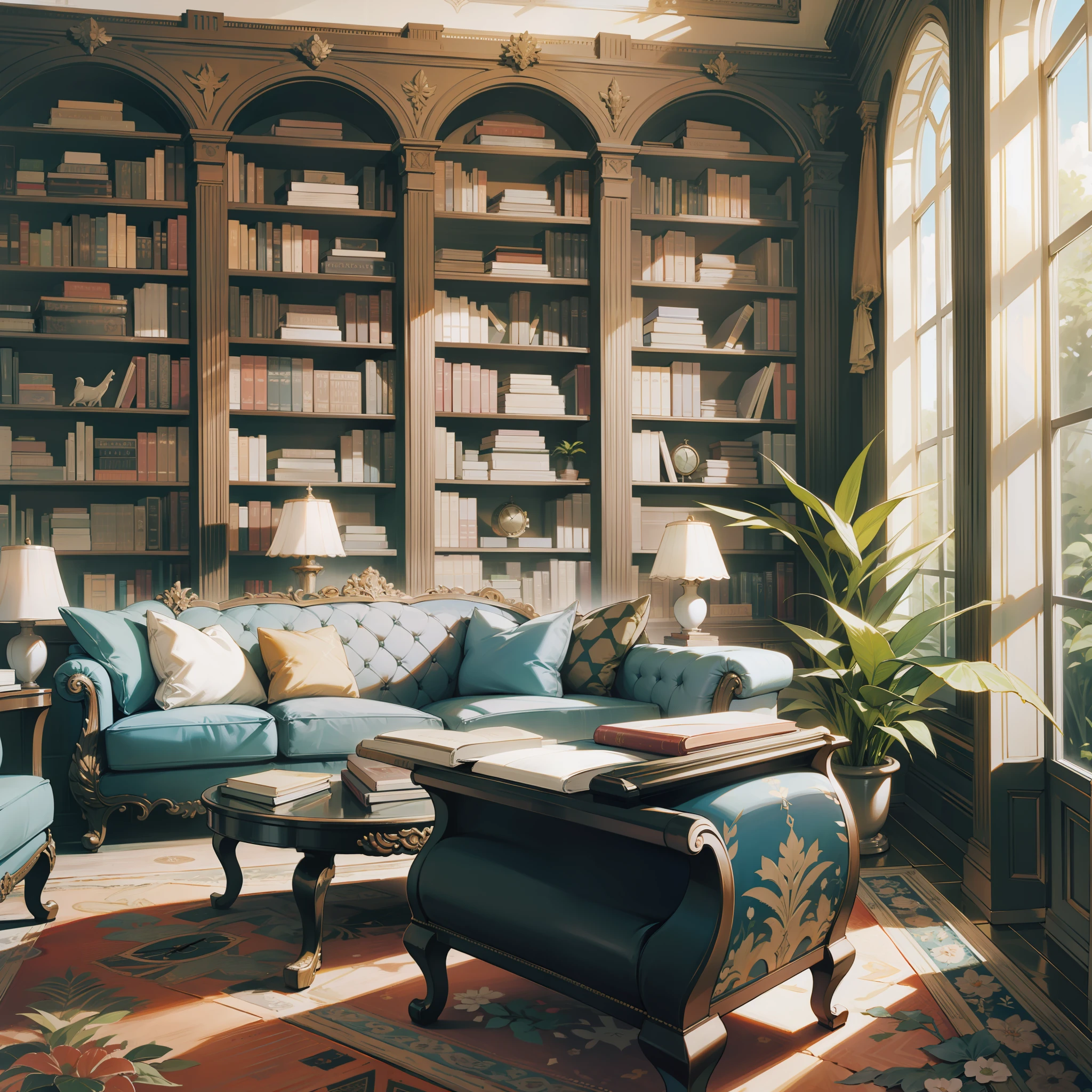 Architectural digest photo of study with lots of bookcases, surreal surrealism, award-winning masterpiece with incredible detail, wall clock, houseplants