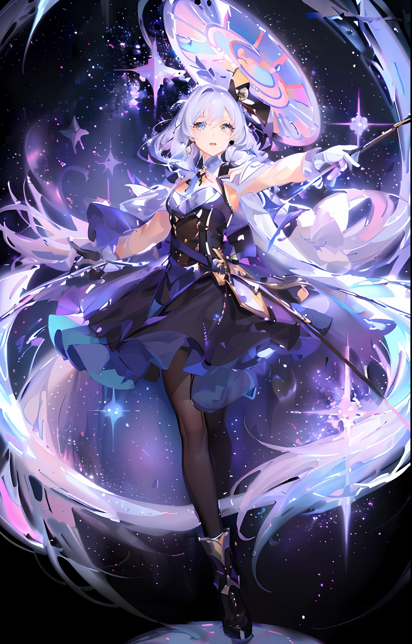 (Magical Girl)), ((Gorgeous Starry Background)), ((Ultra Detailed)), ((Best Illustration)), ((Movie Lighting)), Dynamic Angle, Floating, Fine, (Flash: 1.2), (Shine: 1.2), (Shine: 1.2), Classic, (Drawing: 1.1), (Sketch: 1.1), (Best Quality), (Illustration: 1.2), (Anime Style), (Solo), Beautiful Detailed Face, (Cute Face: 1.3), (Big Eyes)), Colored hair, (long hair: 1.2), (flowing hair: 1.2), (magical girl costume), detail, (sparkling wand: 1.3), (magic effect: 1.3), (flowing dress: 1.2), (cute boots: 1.1), (transparent fabric: 1.1), (flickering: 1.2), (glow: 1.2), (sparkle: 1.2), (sparkle: 1.2), (sparkle: 1.2), (shimmer: 1.2)