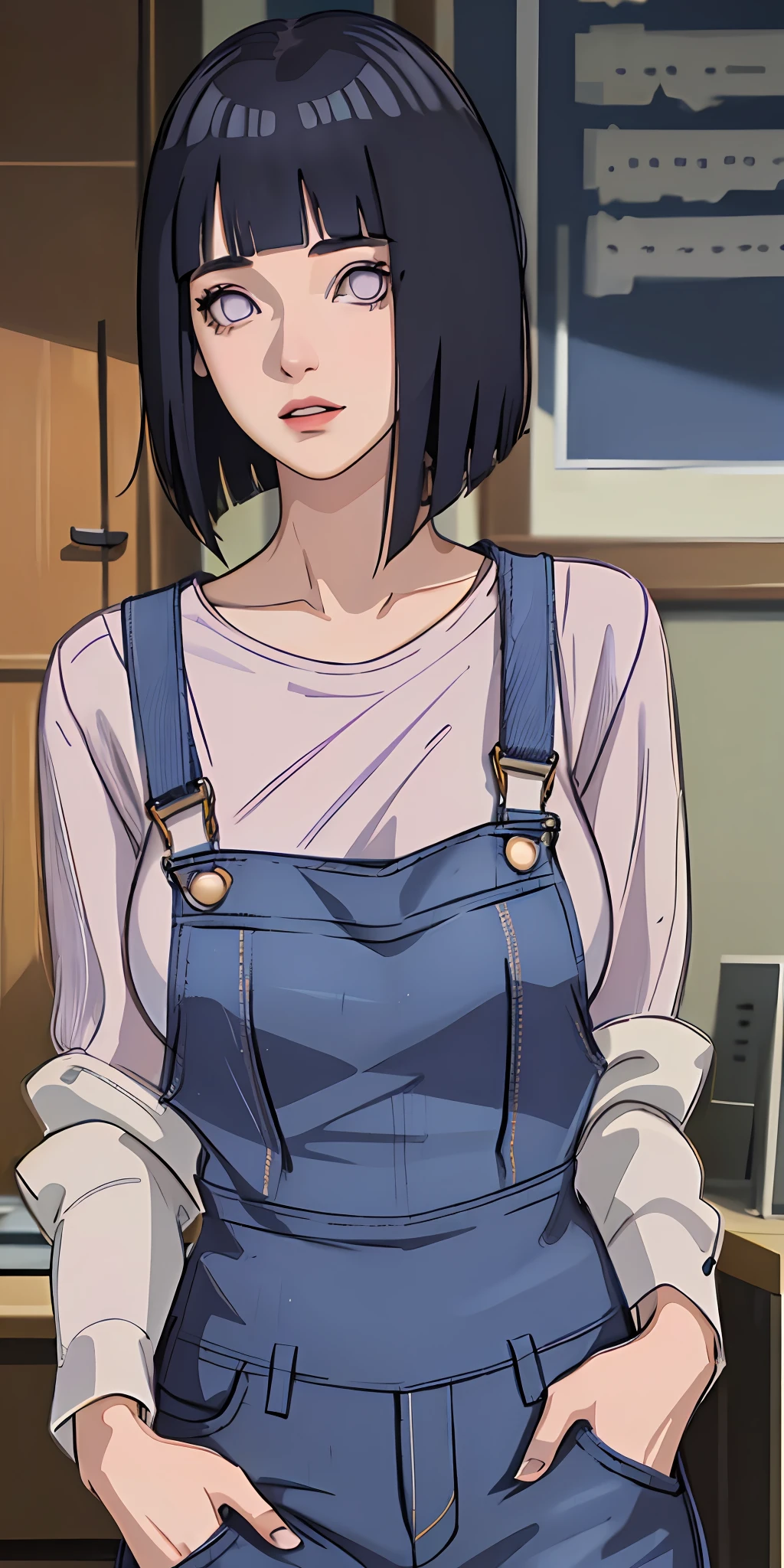 masterpiece, best quality, ultra-detailed, illustration,1girl, dark blue hair, short hair, wavy hair, purple eyes, blunt bangs, 
shirt, (denim overalls:1.1),
medium breast,  
looking at viewer, hinata/(boruto/), detailed lips