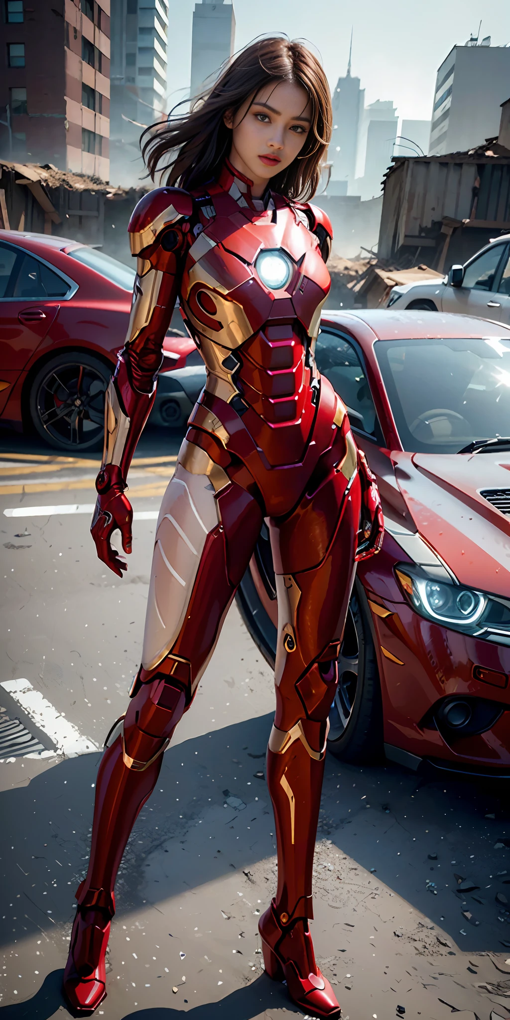 RAW, masterpiece, ultra thin photo, best quality, ultra high resolution, photorealistic, sunlight, full body portrait, incredibly beautiful, dynamic poses, delicate face, vibrant eyes, (side view), she is using a futuristic Iron Man engine, red and gold color scheme, highly detailed abandoned warehouse background, detailed face, detailed and complex busy background, messy,  Gorgeous, milky white, highly detailed skin, realistic skin details, visible pores, sharp focus, volumetric mist, 8k UHD, DSLR camera, high quality, film grain, fair skin, photorealism, lomography, expanding metropolis in futuristic dystopia, view from below, translucent, sexy