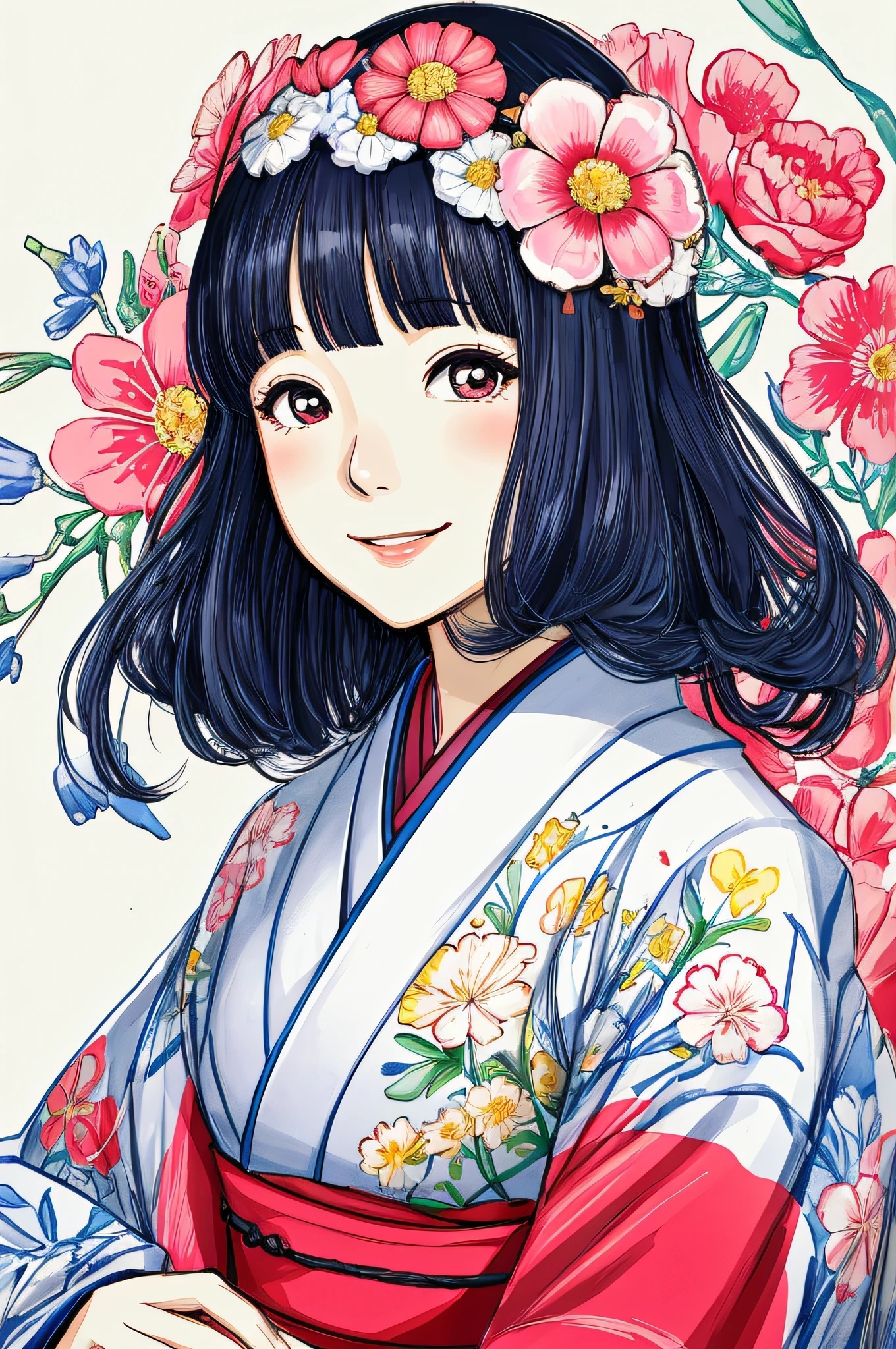"The Woman Who Scattered Flowers", Tokyo, wearing a kimono, big eyes, happy smile, super high quality, white background, surrounded by flowers, avatar, 60s, pop art