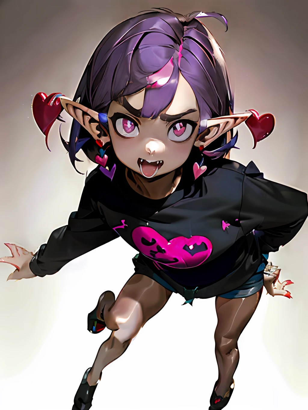 ((masterpiece,best quality)),1girl, loli, solo,elf ears, heart shaped earrings, heart shaped pupils, short hair, ((purple hair)), a pink streak on the bangs, ((a gap between the teeth)), Long black t shirt, long sleeves, shorts with chain, full body,((fangs))