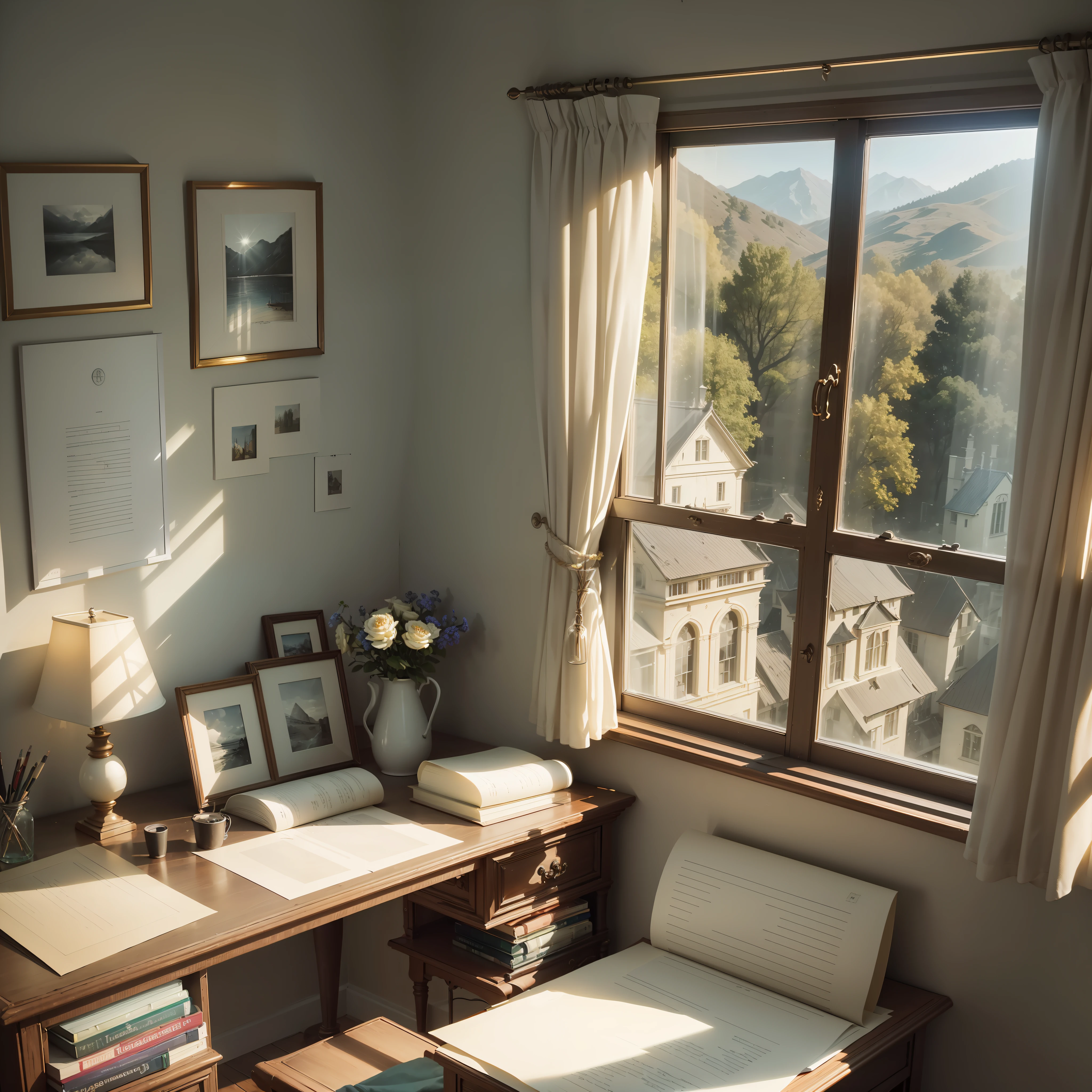 "((({{masterpiece}}))), {{best quality}}, {{high definition}}, indoor, by the glass window, on the writing desk, a ray of sunlight, table placement, a bottle of ink, a pale yellow letter paper, the letter paper says I miss you --auto --s2