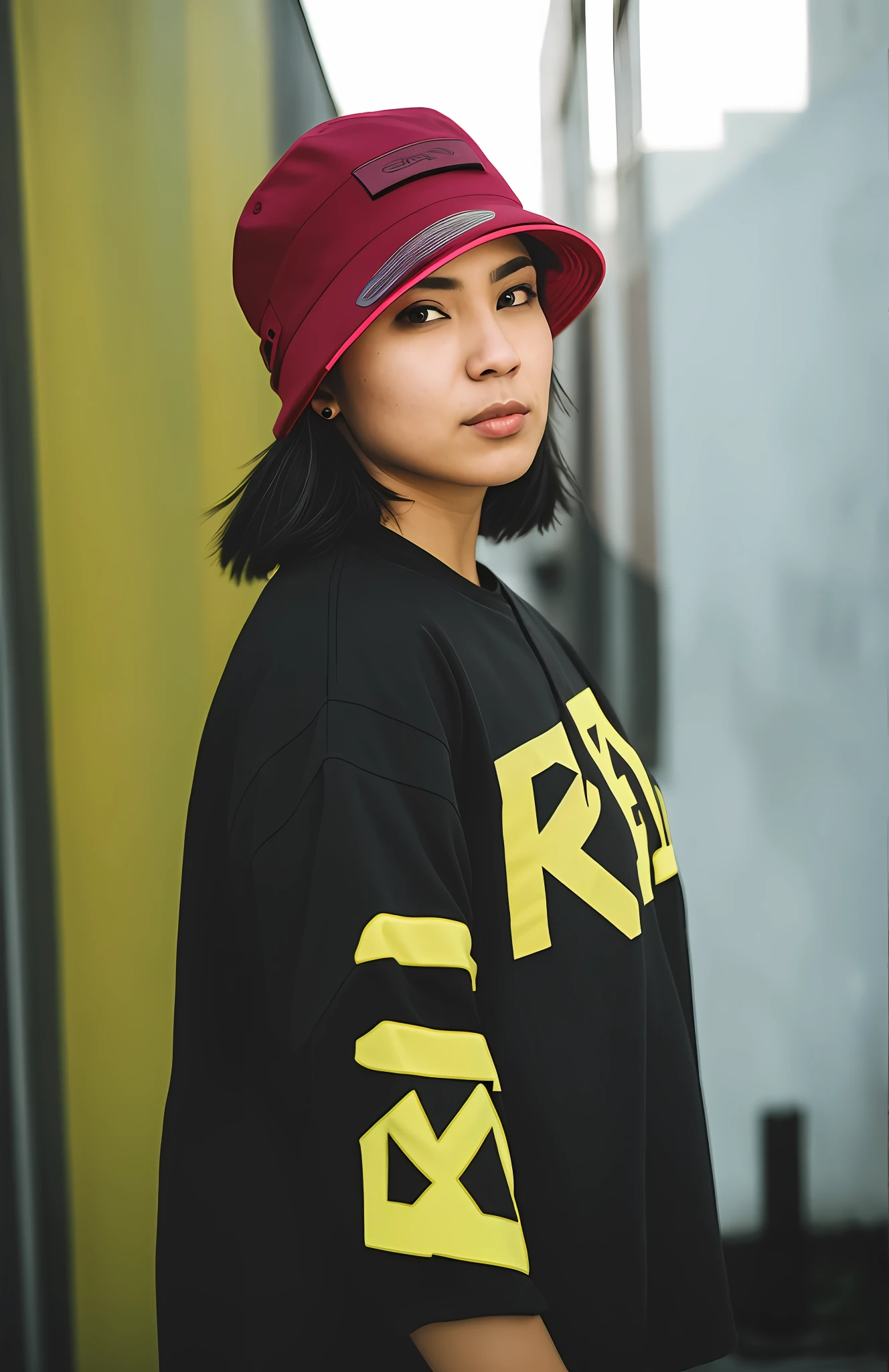 there is a woman wearing a hat and a black shirt, mid shot portrait, photograph of a techwear woman, portrait of modern darna, she is wearing streetwear, taken with canon eos 5 d mark iv, shot on canon eos r 5, shot on canon eos r5, woman in streetwear, portrait full body, taken with canon 5d mk4
