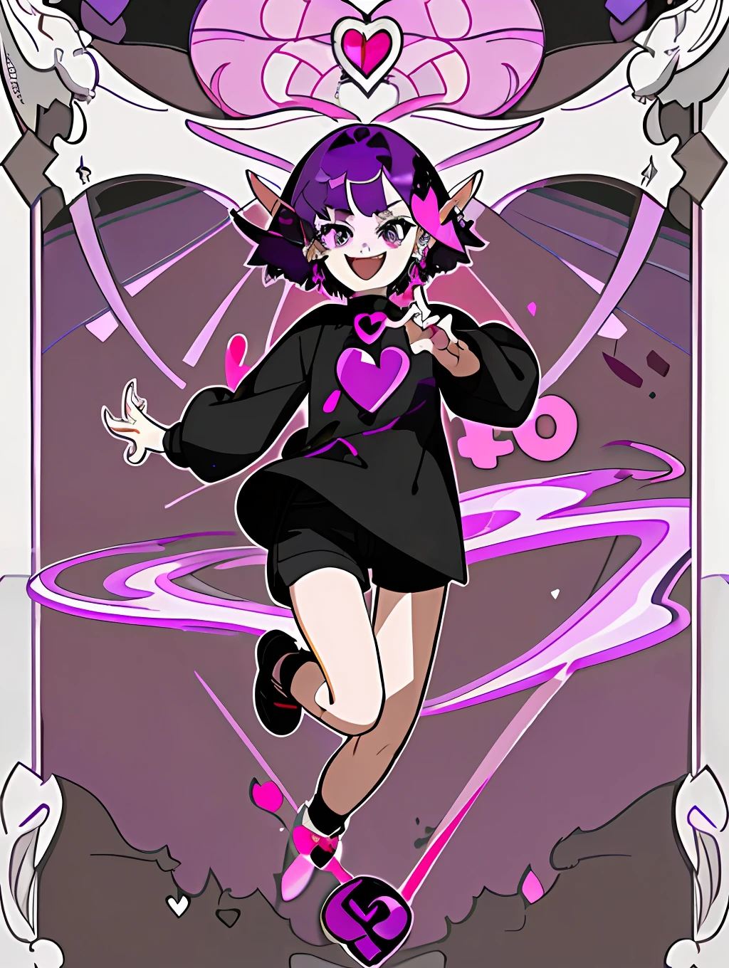 ((masterpiece,best quality)),1girl, loli, solo,elf ears, heart shaped earrings, heart shaped pupils, short hair, ((purple hair)), a pink streak on the bangs, ((a gap between the teeth)), Long black t shirt, long sleeves, shorts with chain, full body,((fangs))