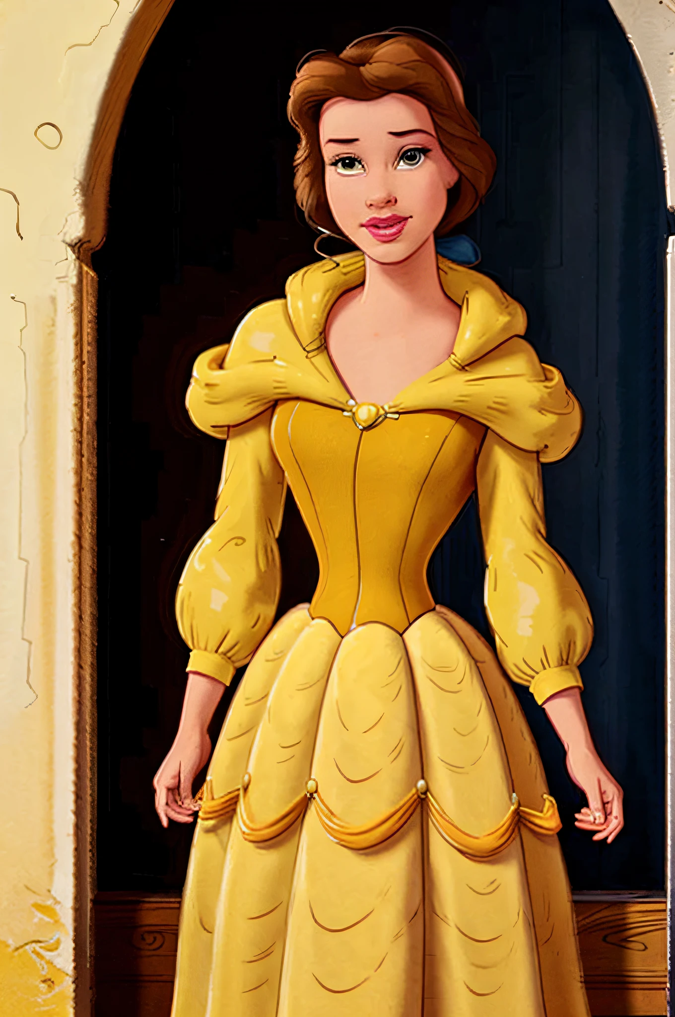 Disney style, cartoons, classic art styles from Disney Renaissance films, 1 girl, woman, bell dancing with the beast, yellow dress, (long skirt: 1.3), dance hall, medium breasts, watch viewer cowboy shots, masterpieces, top quality, very detailed, clean lines, upper body, good hands, good fingers, good eyes, look straight, HD, 8K, trend, Professional, Symmetrical, Adopted, 8K,