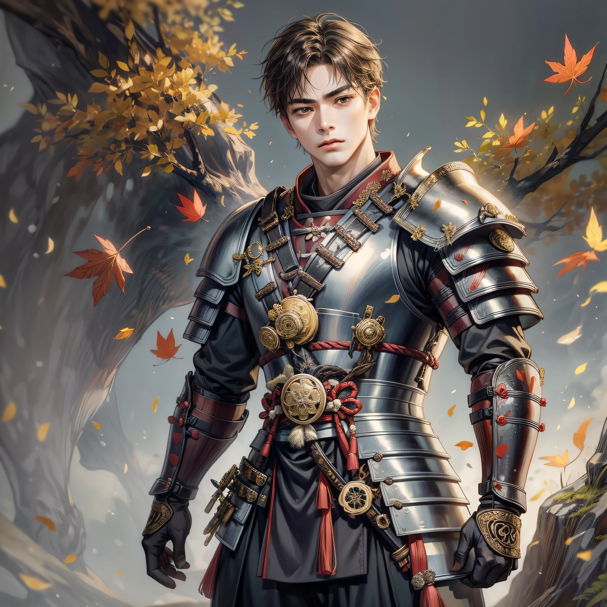 Masterpiece, 1male, male focus, brown eyes, cold face, (traditional samurai armor: 1.3), face standing on the battlefield, flower, reflection of armor, falling leaf background, character looking forward