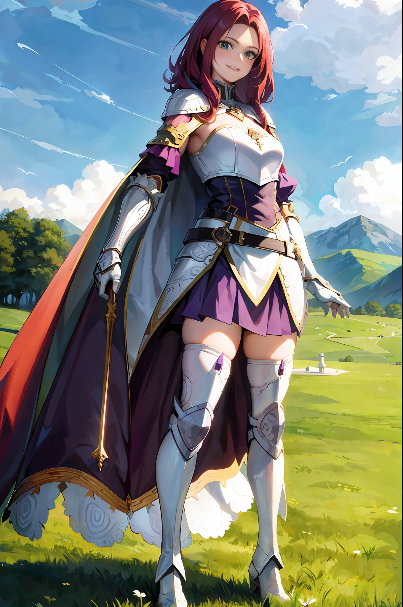 bitch medium breasts, white cape, armor, purple skirt, silver boots, red hair, beautiful face, green eyes, smile, (masterpiece:1.2), best quality, absurdres, highres, extremely detailed wallpaper, perfect lighting, outdoors, grass, field,