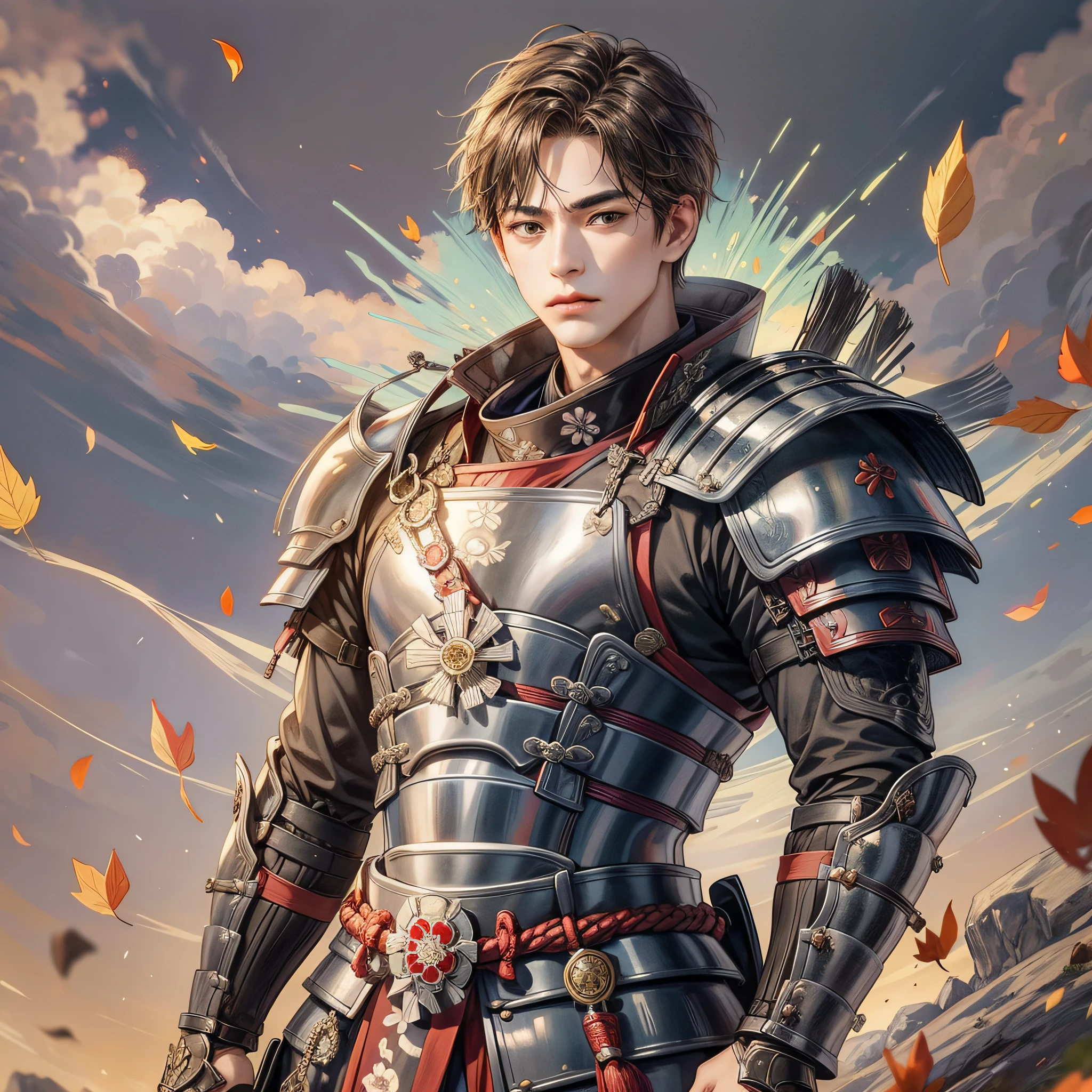 Masterpiece, 1male, male focus, brown eyes, cold face, (traditional samurai armor: 1.3), face standing on the battlefield, flower, reflection of armor, falling leaf background, character looking forward