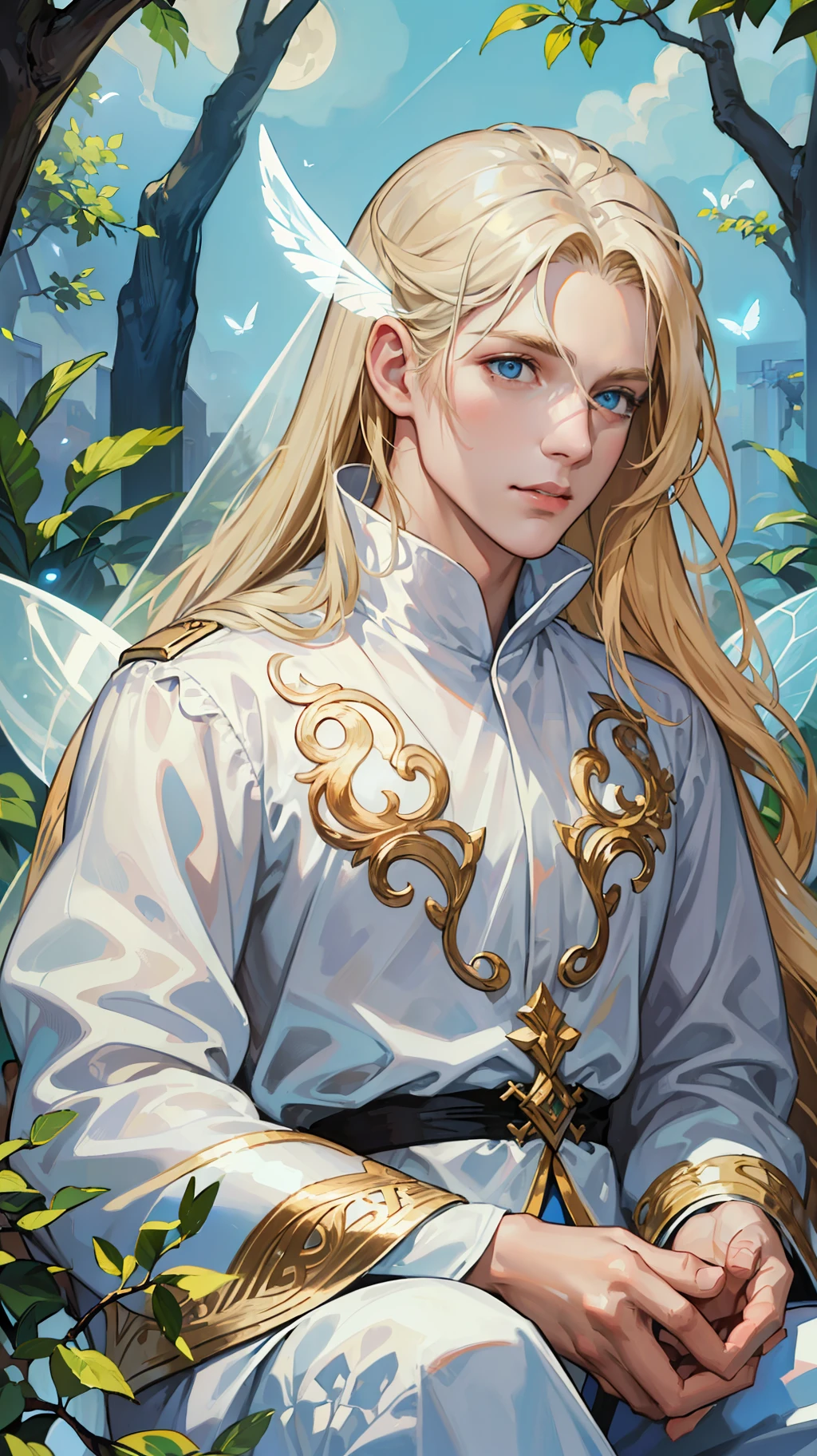 ((Superior quality, portraits, masterpieces, 8K wallpapers: 1.3)), man with long straight ash blond hair (((LONG BLOND HAIR))), blue eyes like diamonds (((BLUE EYES))), (((MALE FOCUS))) (((Fairy white wings on his back))) (((CHEERFUL LOOK))) sitting on a branch of a moeto tree, bioluminescent blue butterflies, dark hour, perfect shadows and reflections of the moon on the scene. white tunic, translucent, covered, clear clothing of God, CLOTHING COVERING HIS SKIN, TULLE TUNIC (((PORTRAIT)))