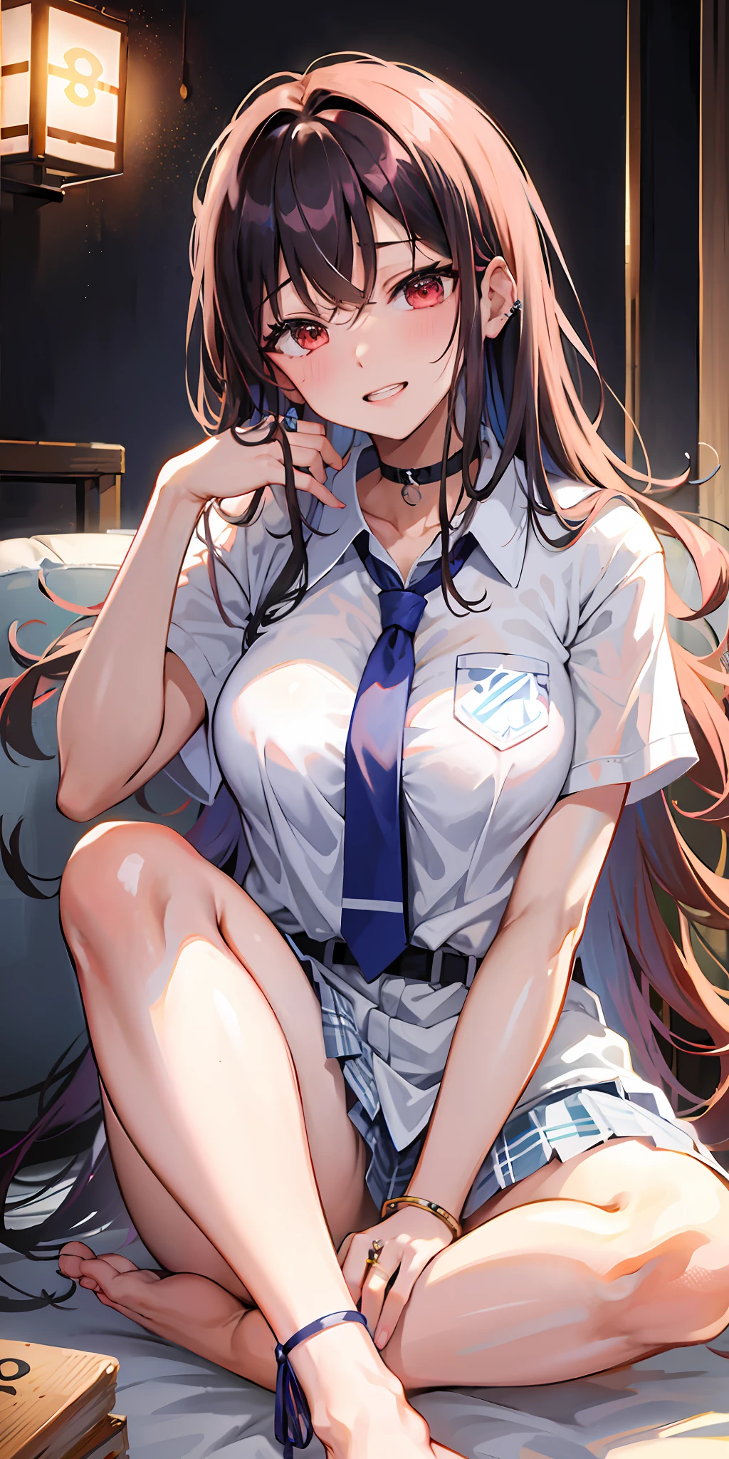 masterpiece, best quality, 1girl, long hair, bored, sitting, feet up, soles, forest 1girl, bangs, choker, necktie, ear piercing, masterpiece, best quality, 1girl, long hair, bored, sitting, feet up, soles, forest <feetPoseAnime_v11:0.6,eyebrows visible through hair, grin, gyaru, jewelry, kogal, long hair, looking at viewer, loose necktie, necktie, piercing, plaid, (比基尼),red eyes, ring, smile, solo, white shirt, 樱花树下,樱花盛开,nsfw,清澈见底湖水旁,金发,渐变头发,皎洁的月光,(美丽的夜晚)粉色乳晕,露出三角内裤,全身湿透,(两侧马尾辫),night(粉发),双马尾