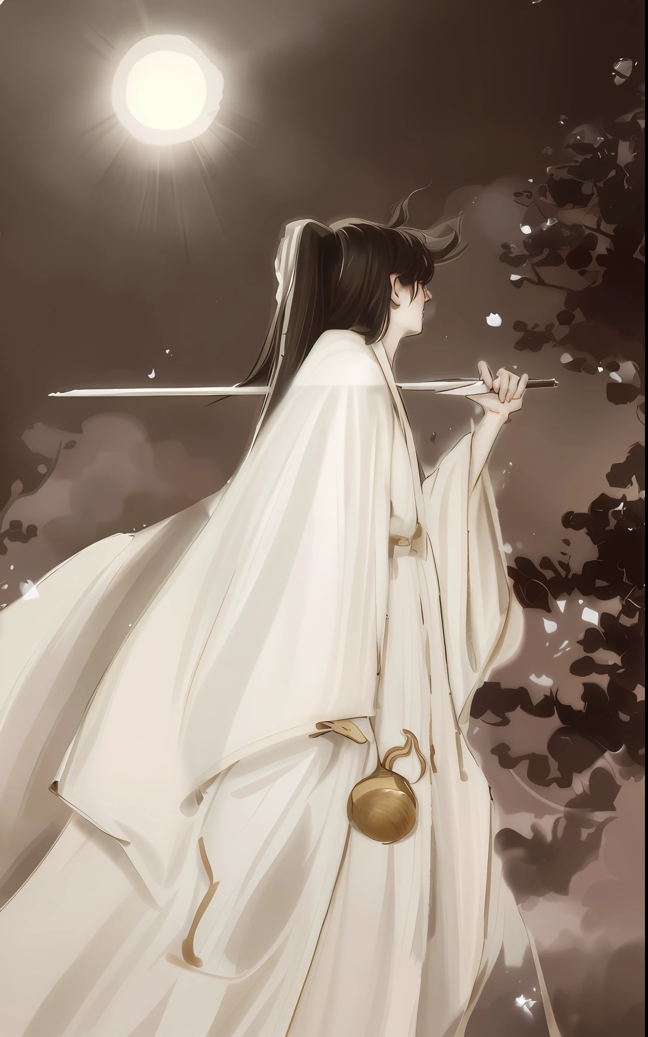 A man in a white robe holding a sword, flowing white robe, by Gienna's glare, inspired by Sami, inspired by Otake Chiba, from Kenshin, wearing flowing robes, Conrad Rosette and Makoto Shinkai
