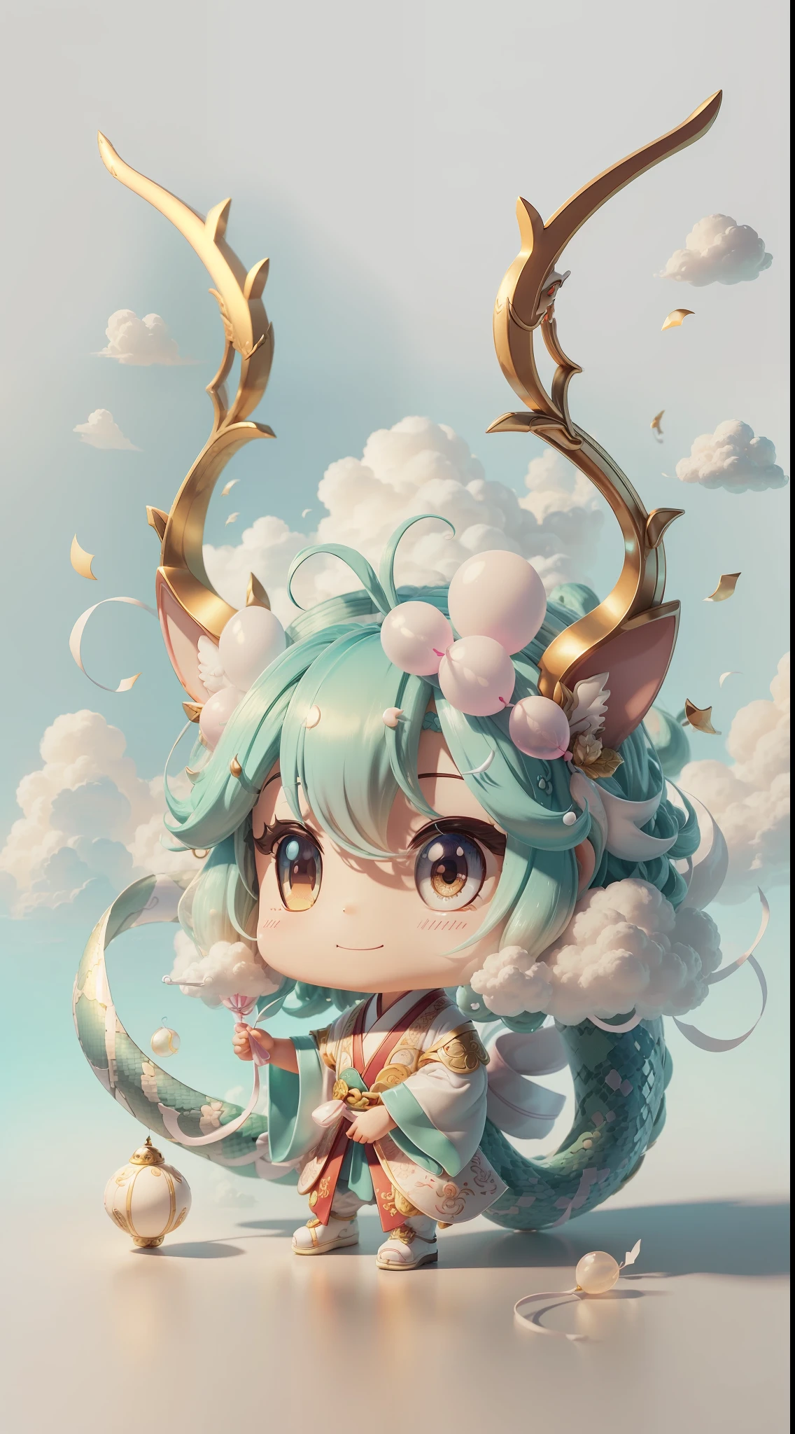 Snake, big ears, happy smile, (wearing Hanfu) dragon head, antlers, soft ((best quality)), ((masterpiece)), (hair accessory)( extreme detail, highest detail, official art, beauty and aesthetics:1.2), depth of field, composition ( (full body) ), (chibi), (beautiful and detailed eyes: 1.3), (very happy:1) (light mint green and gradient white), popmart blind box, clay texture, (transparent balloon, cloud decorative background), natural light, best quality, Super Detail, 3D Art, C4D, Blender, OC Renderer, 3D Rendering, 8K --auto --s2