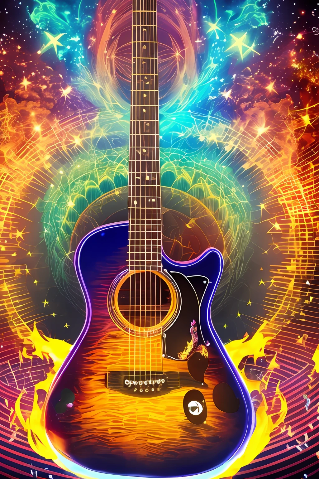 guitar on fire with mystical universe background --auto --s2