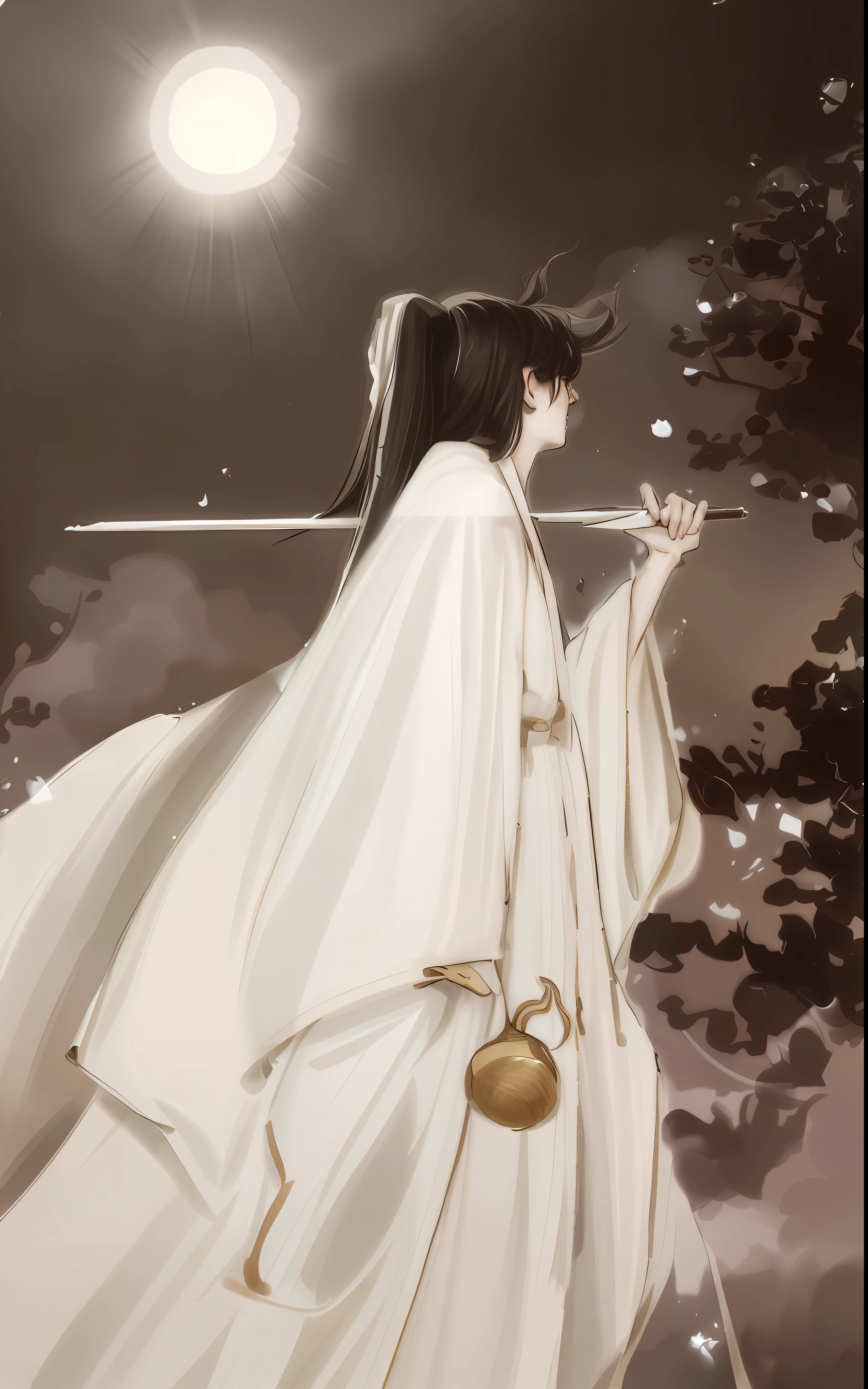 A man in a white robe holding a sword, flowing white robe, by Gienna's glare, inspired by Sami, inspired by Otake Chiba, from Kenshin, wearing flowing robes, Conrad Rosette and Makoto Shinkai