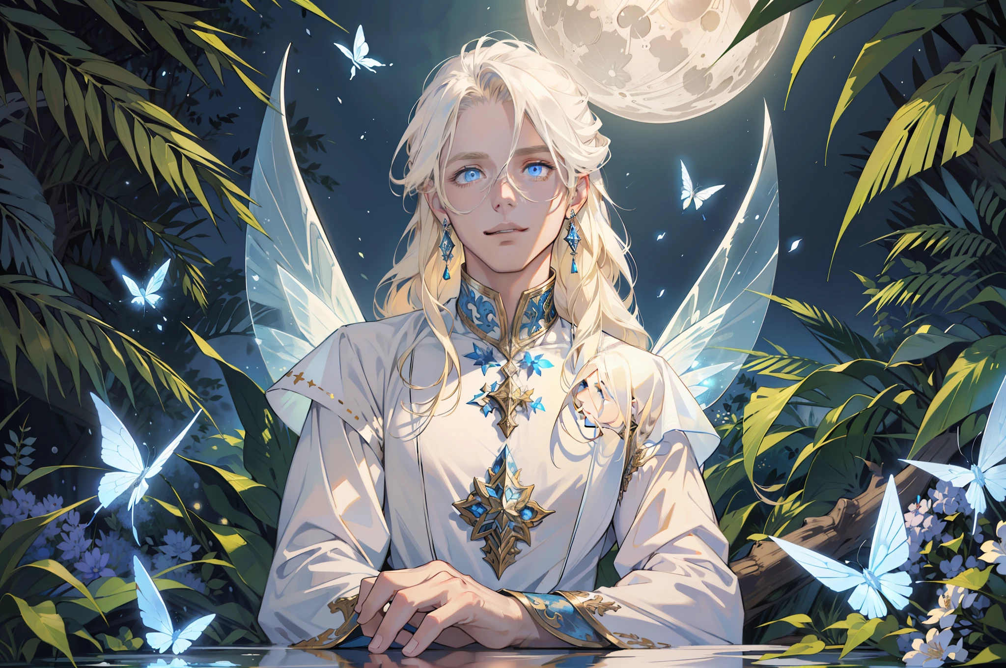 ((Superior quality, portraits, masterpieces, 8K wallpapers: 1.3)), man with long straight ash blond hair (((LONG BLOND HAIR))), blue eyes like diamonds (((BLUE EYES))), (((MALE FOCUS))) (((Fairy white wings on his back))) (((CHEERFUL LOOK))) sitting on a branch of a moeto tree, bioluminescent blue butterflies, dark hour, perfect shadows and reflections of the moon on the scene. white tunic, translucent, covered, clear clothing of God, CLOTHING COVERING HIS SKIN, TULLE TUNIC (((PORTRAIT)))
