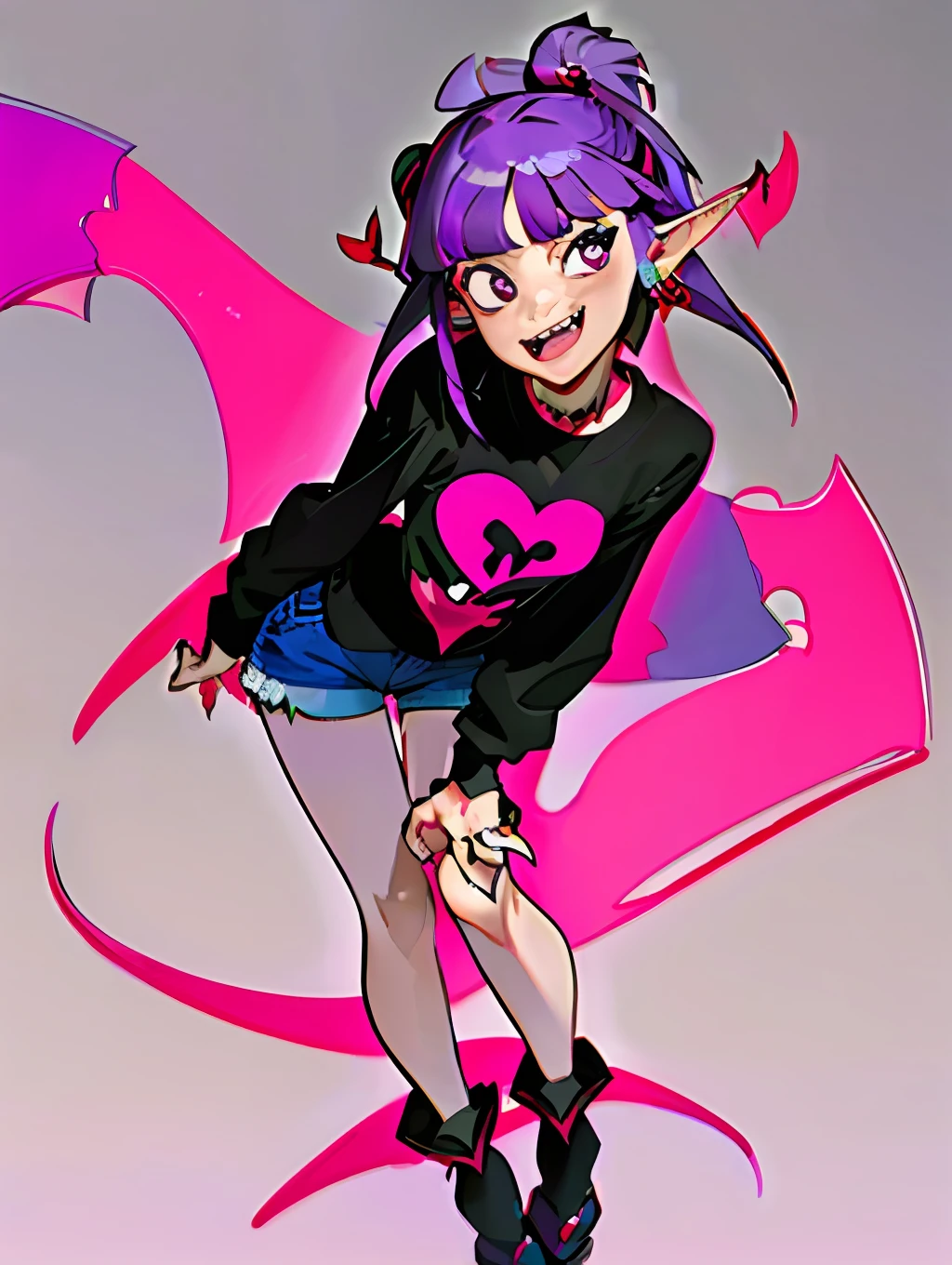 ((masterpiece,best quality)),1girl, loli, solo,elf ears, heart shaped earrings, heart shaped pupils, short hair, ((purple hair)), a pink streak on the bangs, ((a gap between the teeth)), Long black t shirt, long sleeves, shorts with chain, full body,((fangs))