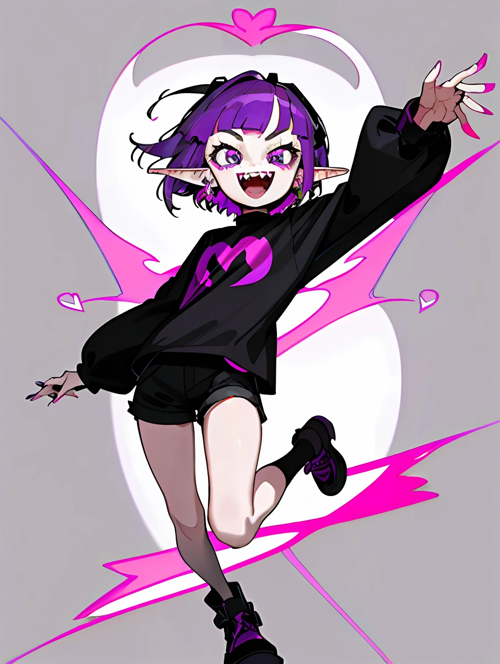 ((masterpiece,best quality)),1girl, li, solo,elf ears, heart shaped earrings, heart shaped pupils, short hair, ((purple hair)), a pink streak on the bangs, ((a gap between the teeth)), Long black t shirt, long sleeves, shorts with chain, full body,((fangs))