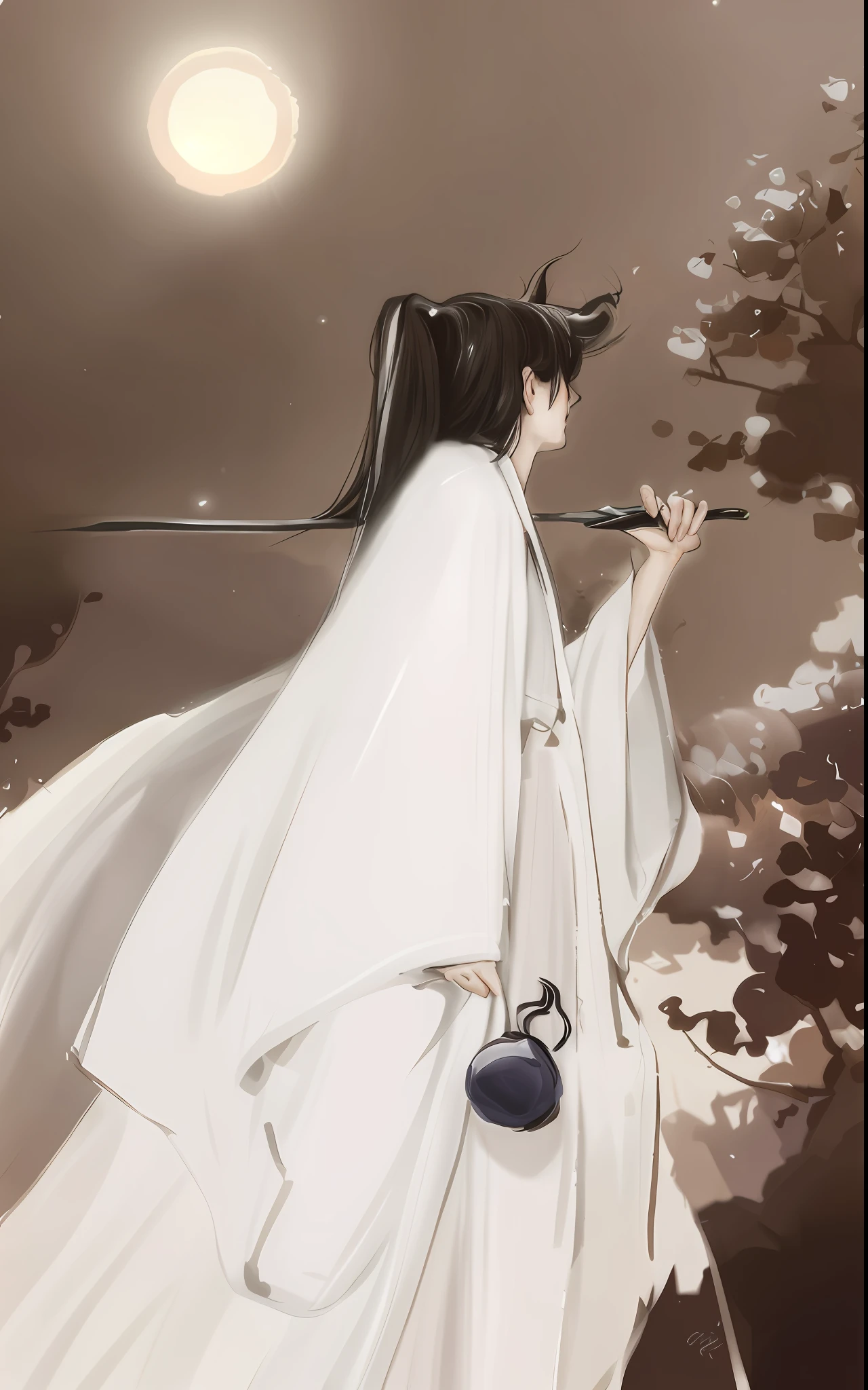 A man in a white robe holding a sword, flowing white robe, by Gienna's glare, inspired by Sami, inspired by Otake Chiba, from Kenshin, wearing flowing robes, Conrad Rosette and Makoto Shinkai