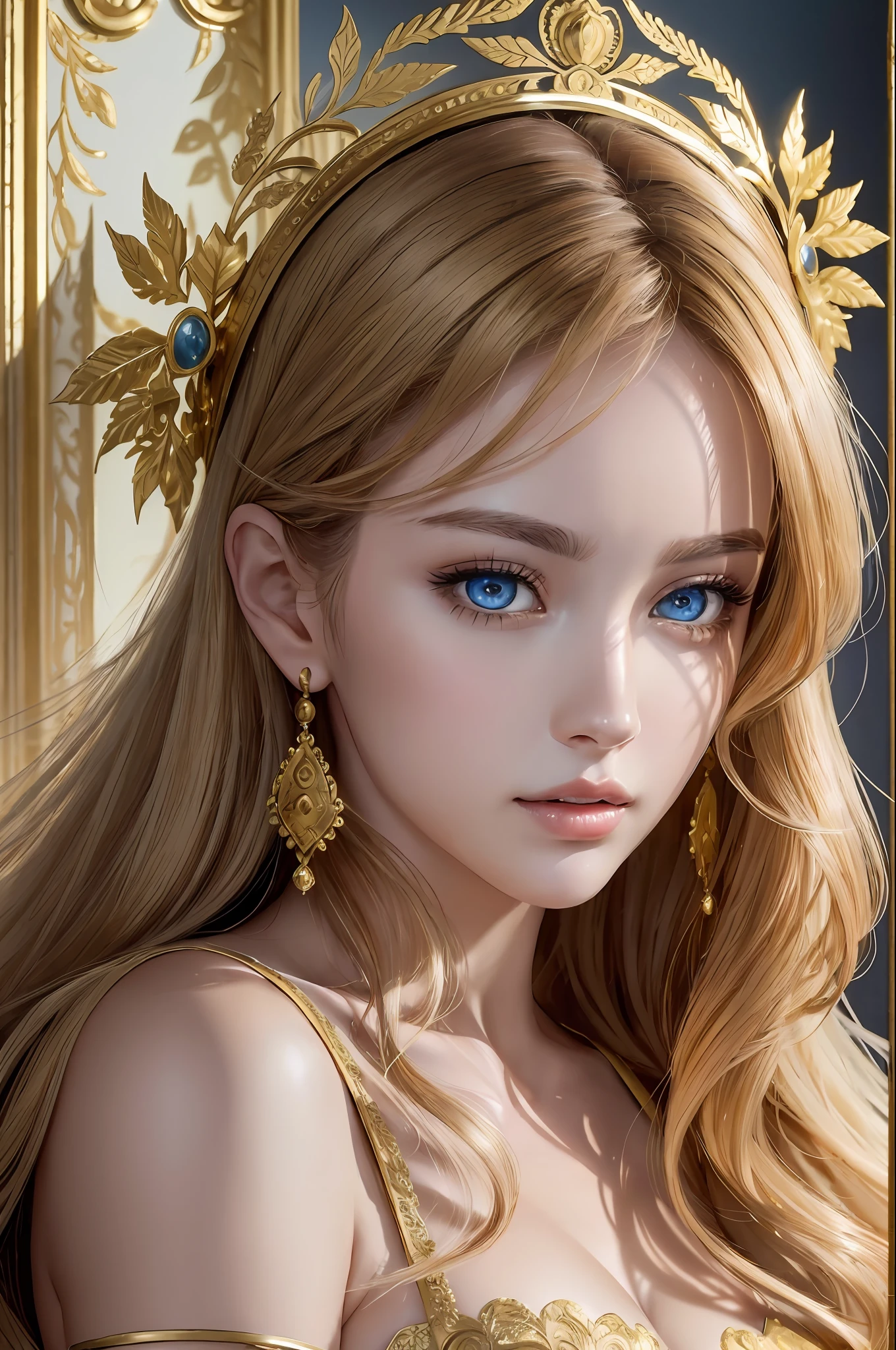 ( Absurd, High quality, ultra-detailed, masterpiece, concept art, smooth, highly detailed artwork, hyper-realistic painting )beautiful eyes(eyes detailed), Greek mythology, Helen of Sparta, princess Helen, the most beautiful woman in the world, beauty was extraordinary, enchanting, with radiant features and a flawless complexion, lovely, mesmerizing eyes that held a magnetic charm, drawing people towards her, Golden hair color, cascading down her shoulders in waves, her beauty became a source of conflict and tragedy, Whole body, lace lingerie