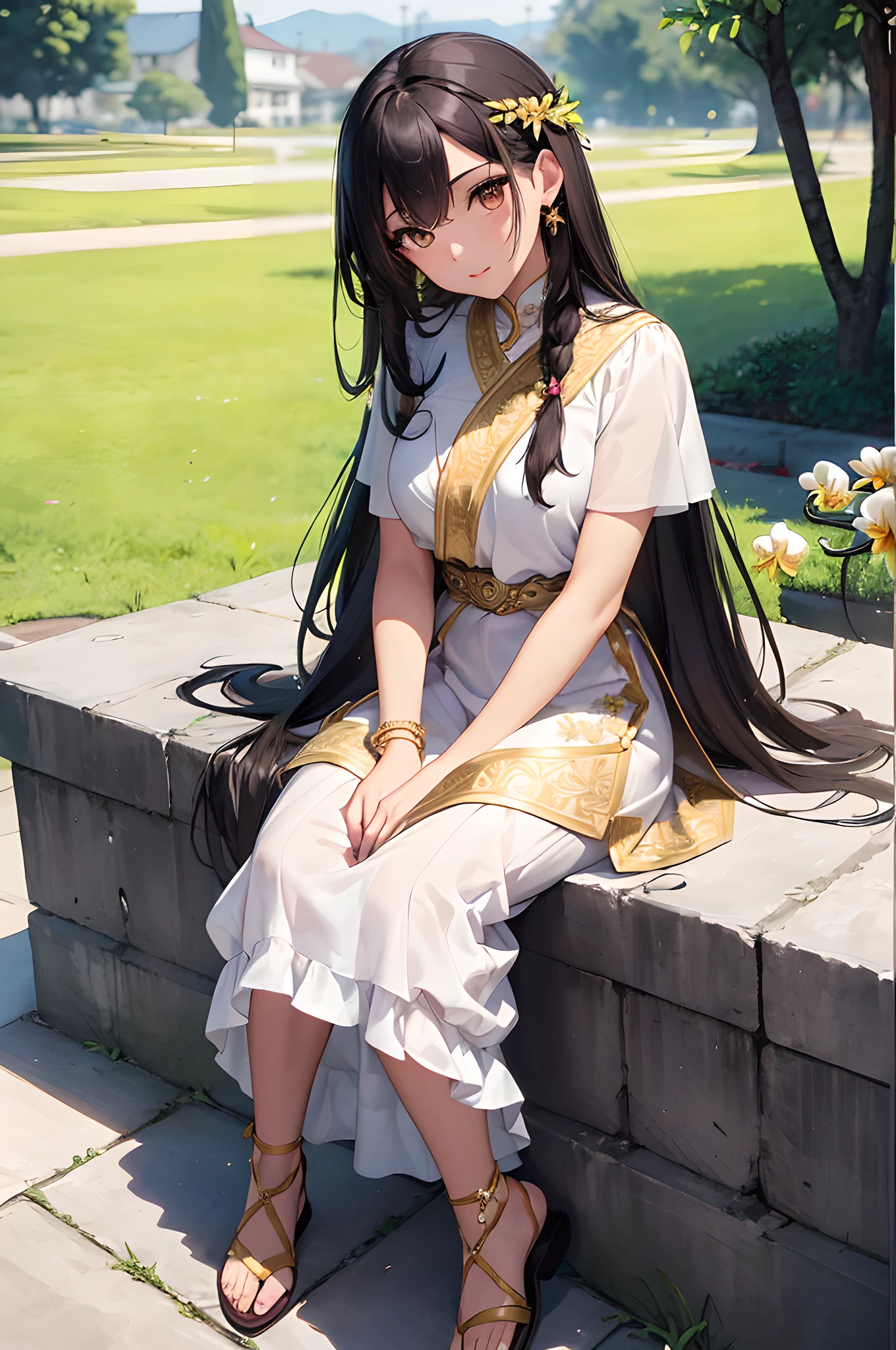 (masterpiece), (portrait), (aesthetic), (beautiful), (upper blody), (high quality), (aesthetic clothings), (professional angle), (rule of thirds), (Feminine), (woman), (female), (beautiful),(feminine features), (25 years), solo, 1 woman, (attractive Thai), Summer, Natural light, (Sitting), Fresh Makeup, (Medium bust), ((holding a Thai Orchid)), (Side face), (Serene expression), ((Relaxing)), Beaded Bracelet, ((Long hair)), (Black hair), (Straight hair), (Silky hair), Glossy shine hair, (Hairpin in hair), (Brown eyes), (Elegant, Natural look), (Golden skin), (Floral clothing), (Flowy Dress), (Sandals), (Skirt), Sweetheart neckline), ((Urban background)), (- in background), (Full Shot shot), beautiful hands, two hands, normal hands, two arms, complete hands, beautiful body, beautiful fingers, normal fingers, five fingers, five fingers, (Thumb index meddle ring little fingers), beautiful ears, normal ears, beautiful eyes, shiny eyes, beautiful mouth, beautiful lips,